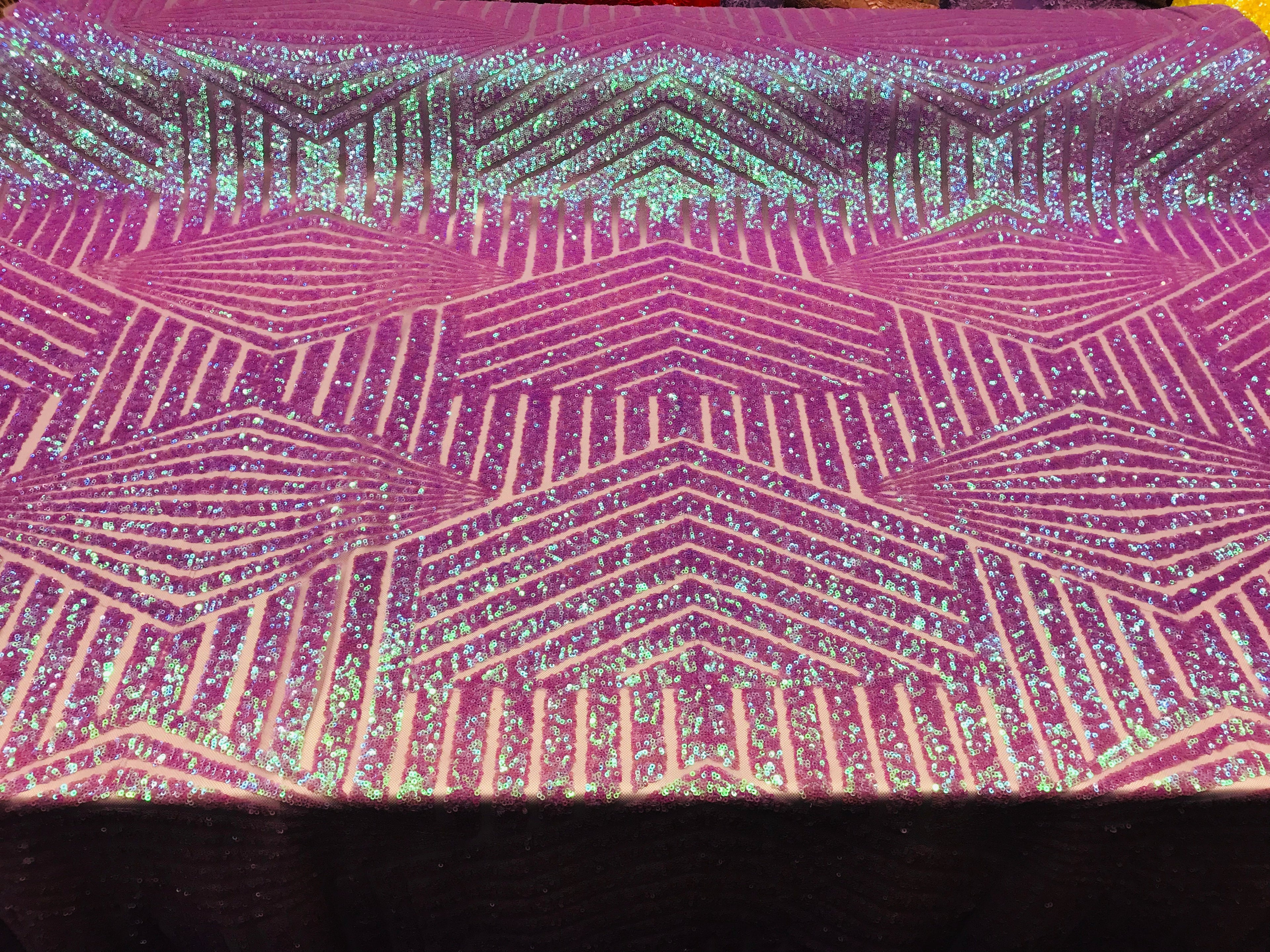 2 Way Stretch - Lilac - Geometric Design Sequins On Mesh Elegant Fabrics Sold By Yard