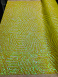 2 Way Stretch - Iridescent Yellow - Geometric Design Sequins On Mesh Elegant Fabrics Sold By Yard