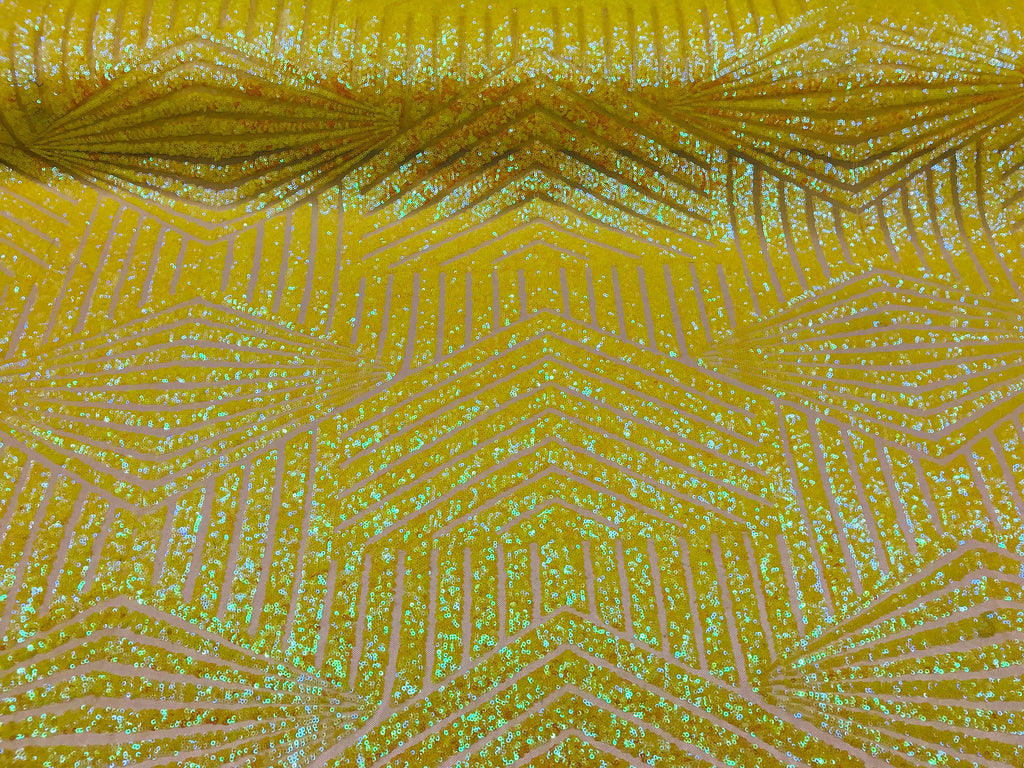 2 Way Stretch - Iridescent Yellow - Geometric Design Sequins On Mesh Elegant Fabrics Sold By Yard