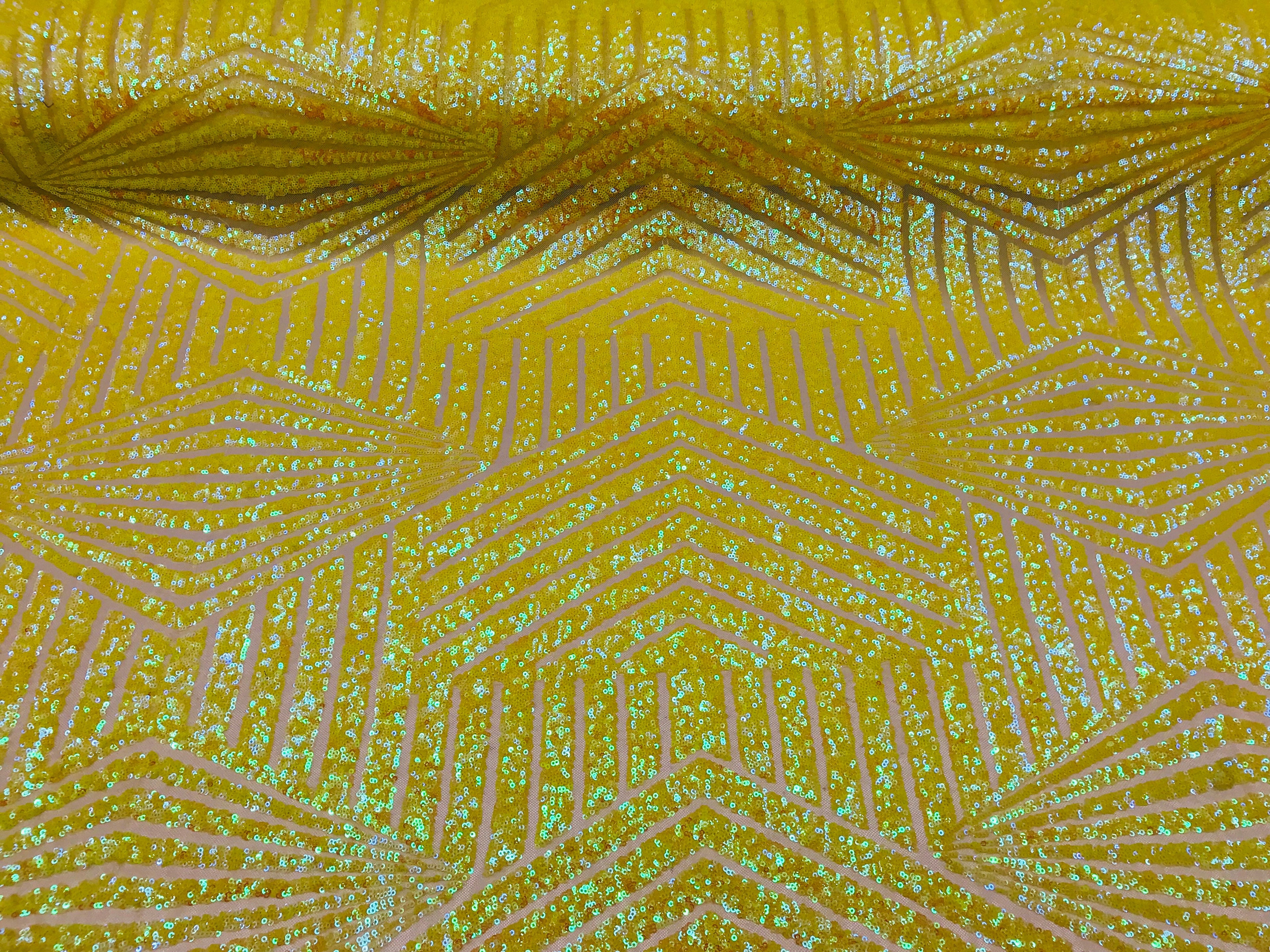 2 Way Stretch - Iridescent Yellow - Geometric Design Sequins On Mesh Elegant Fabrics Sold By Yard