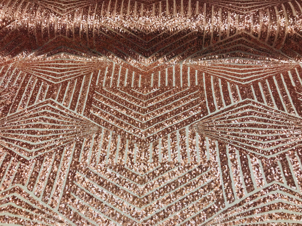 2 Way Stretch - Rose Gold - Geometric Design Sequins On Mesh Elegant Fabrics Sold By Yard
