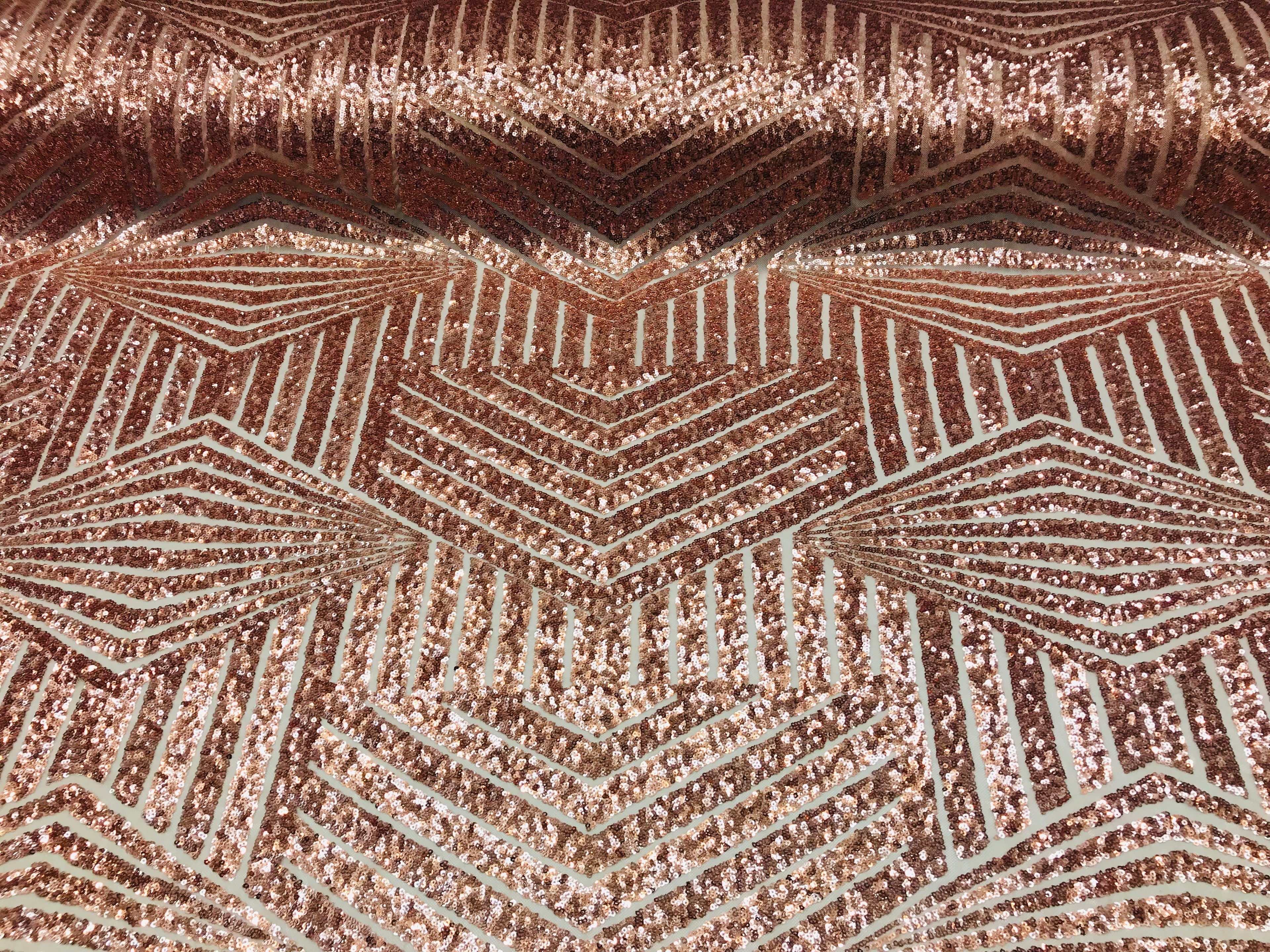 2 Way Stretch - Rose Gold - Geometric Design Sequins On Mesh Elegant Fabrics Sold By Yard