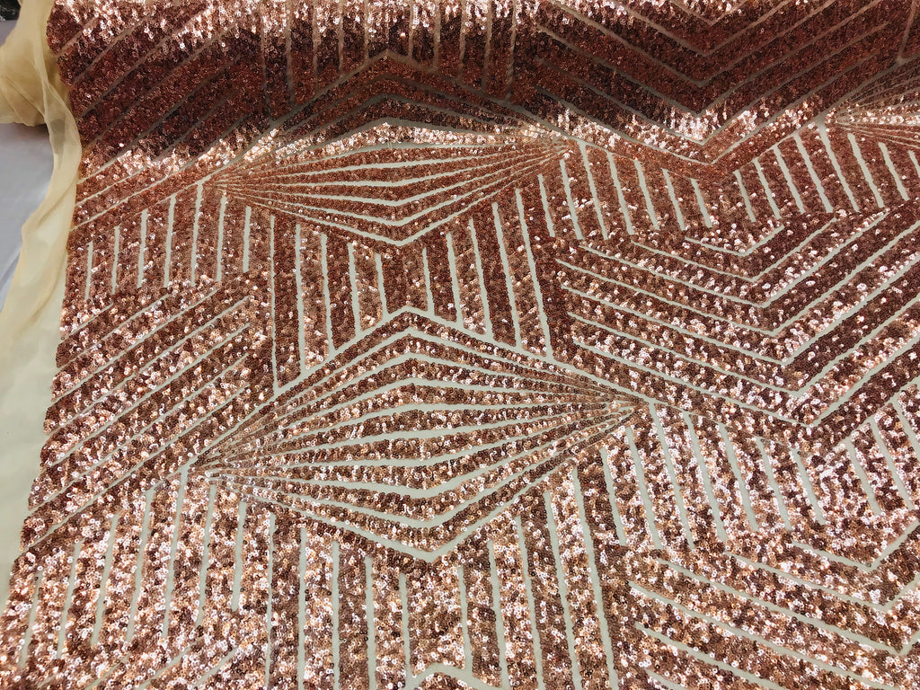 2 Way Stretch - Rose Gold - Geometric Design Sequins On Mesh Elegant Fabrics Sold By Yard
