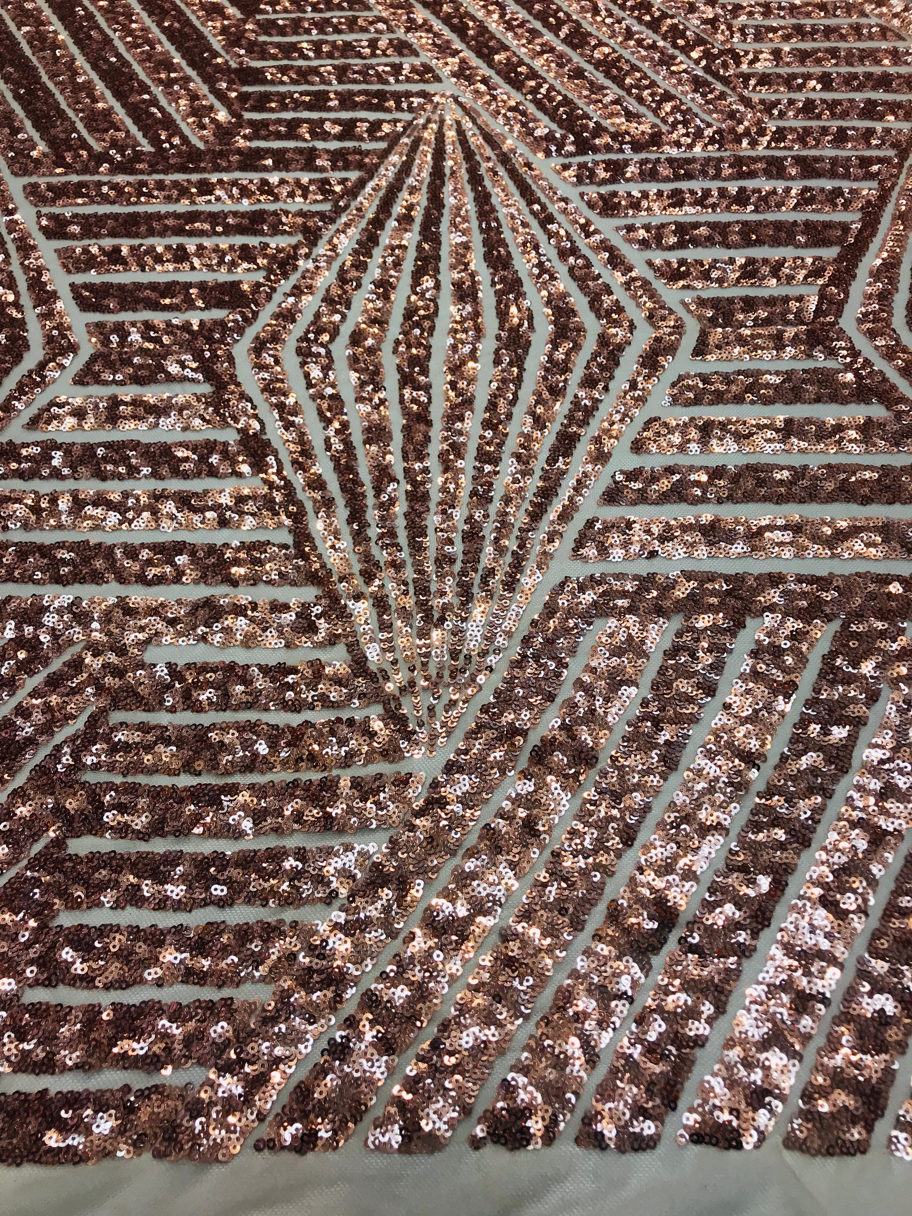 2 Way Stretch - Rose Gold - Geometric Design Sequins On Mesh Elegant Fabrics Sold By Yard