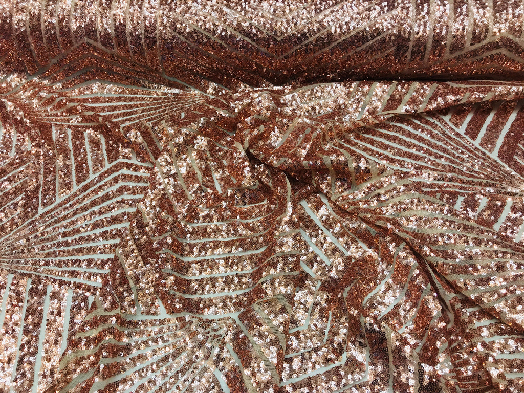 2 Way Stretch - Rose Gold - Geometric Design Sequins On Mesh Elegant Fabrics Sold By Yard