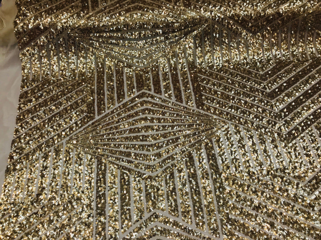2 Way Stretch - Gold - Geometric Design Sequins On Mesh Elegant Fabrics Sold By Yard