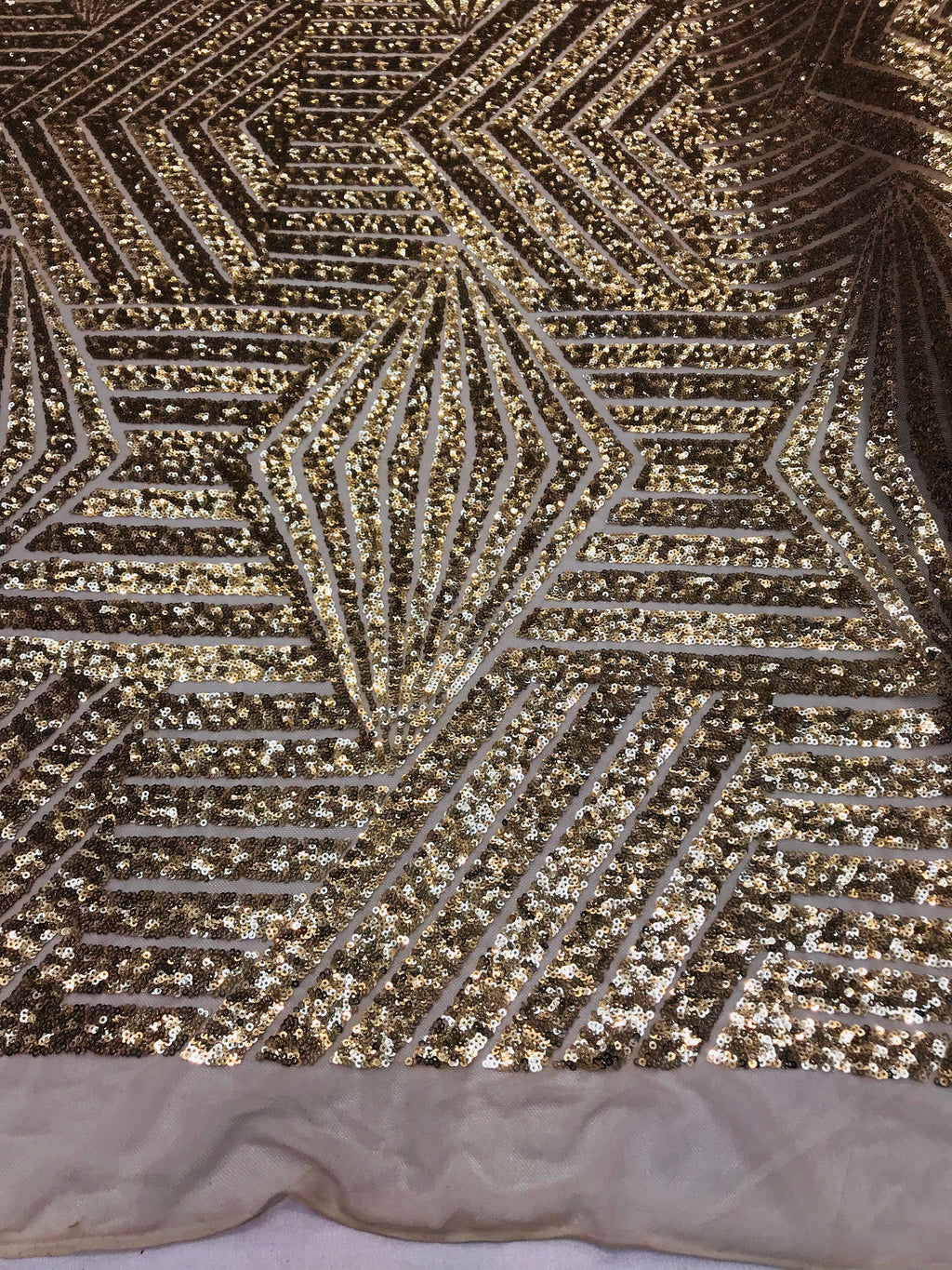 2 Way Stretch - Gold - Geometric Design Sequins On Mesh Elegant Fabrics Sold By Yard