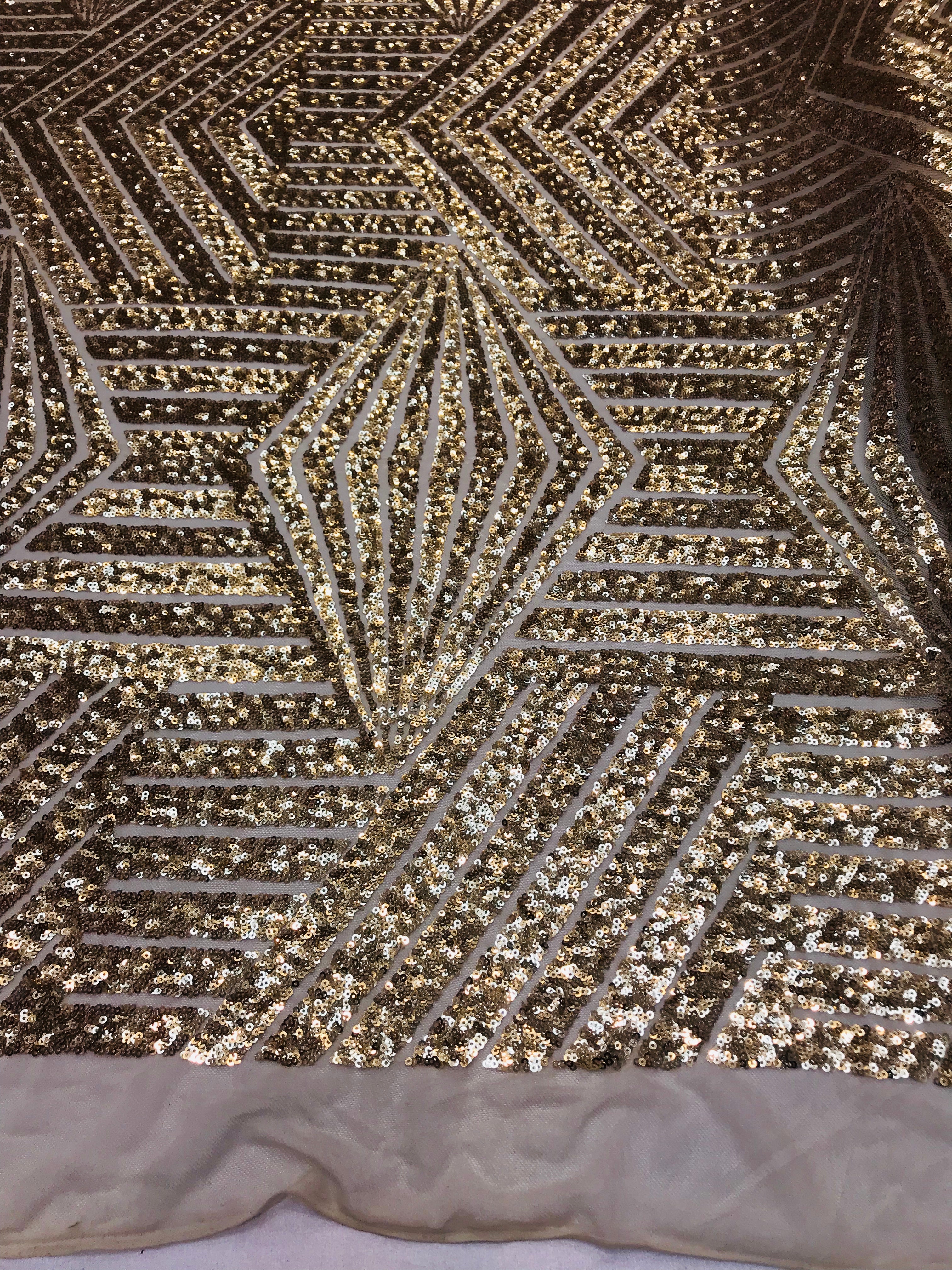 2 Way Stretch - Gold - Geometric Design Sequins On Mesh Elegant Fabrics Sold By Yard