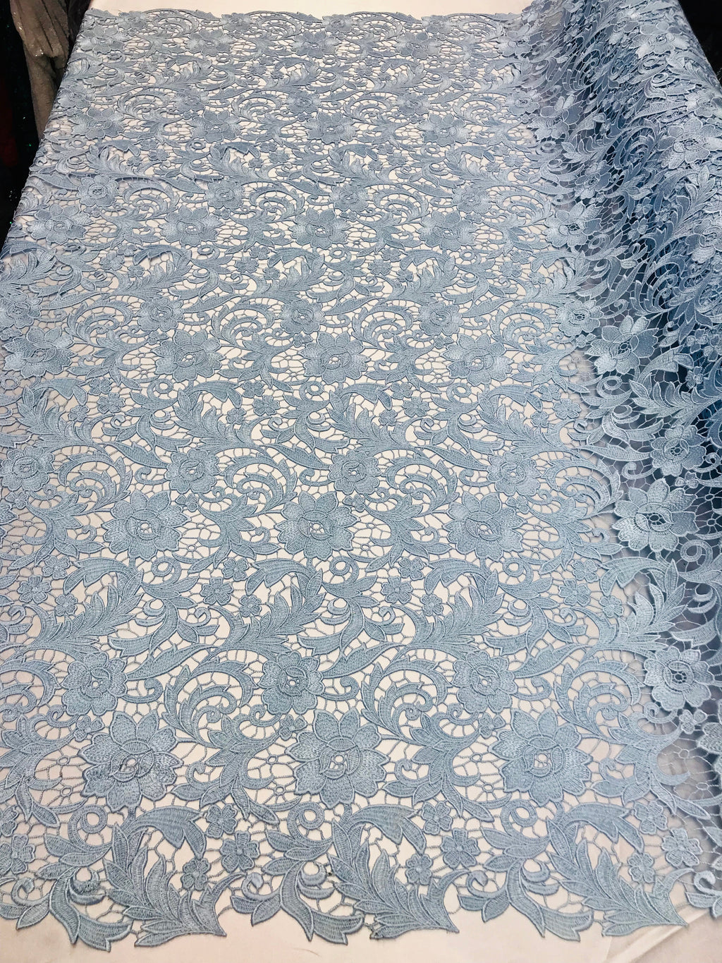 Guipure Lace Fabric - Baby Blue  - Embroidered Bridal Wedding Dress Design Sold By The Yard
