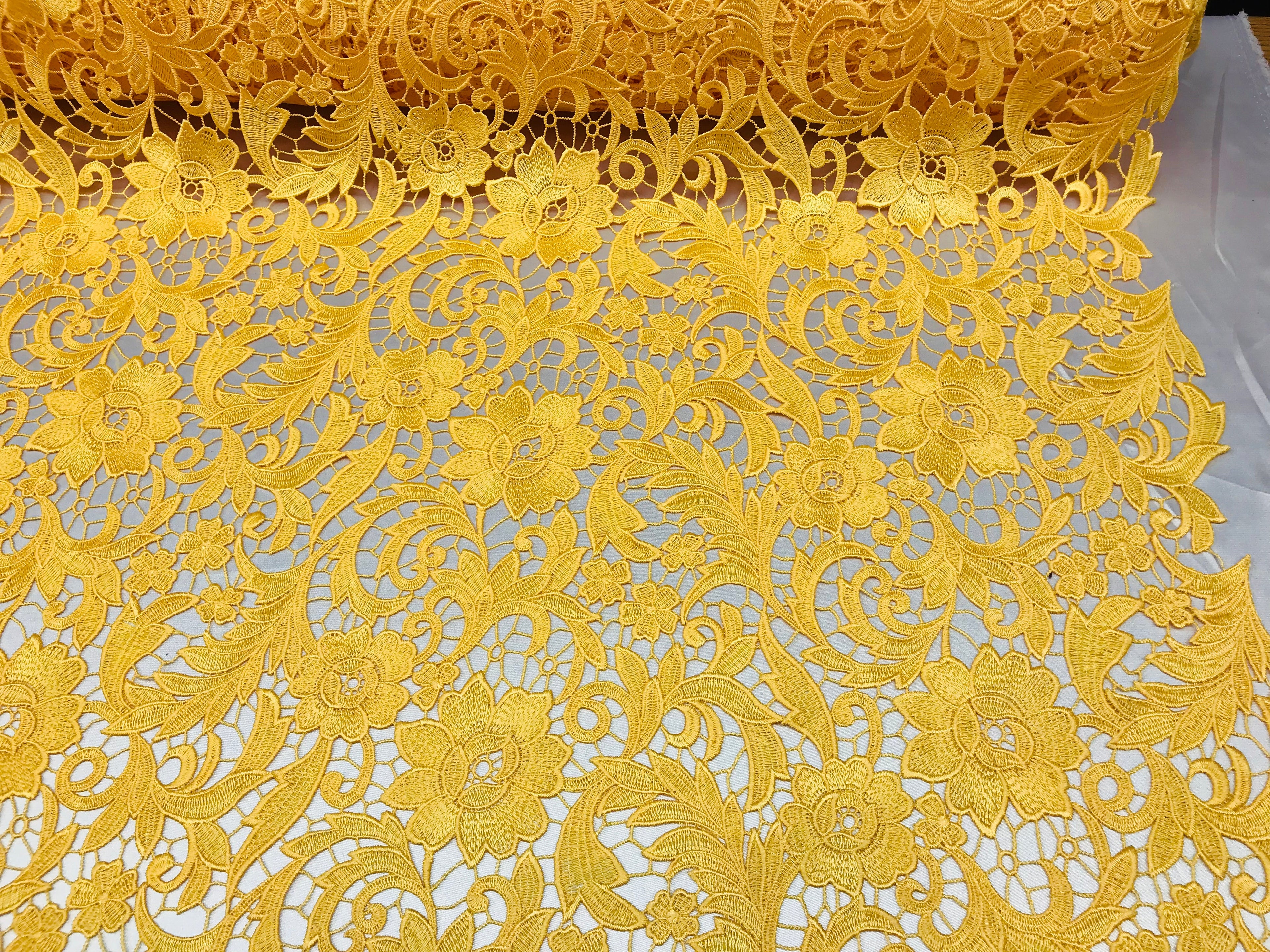 Guipure Lace Fabric - Yellow  - Embroidered Bridal Wedding Dress Design Sold By The Yard