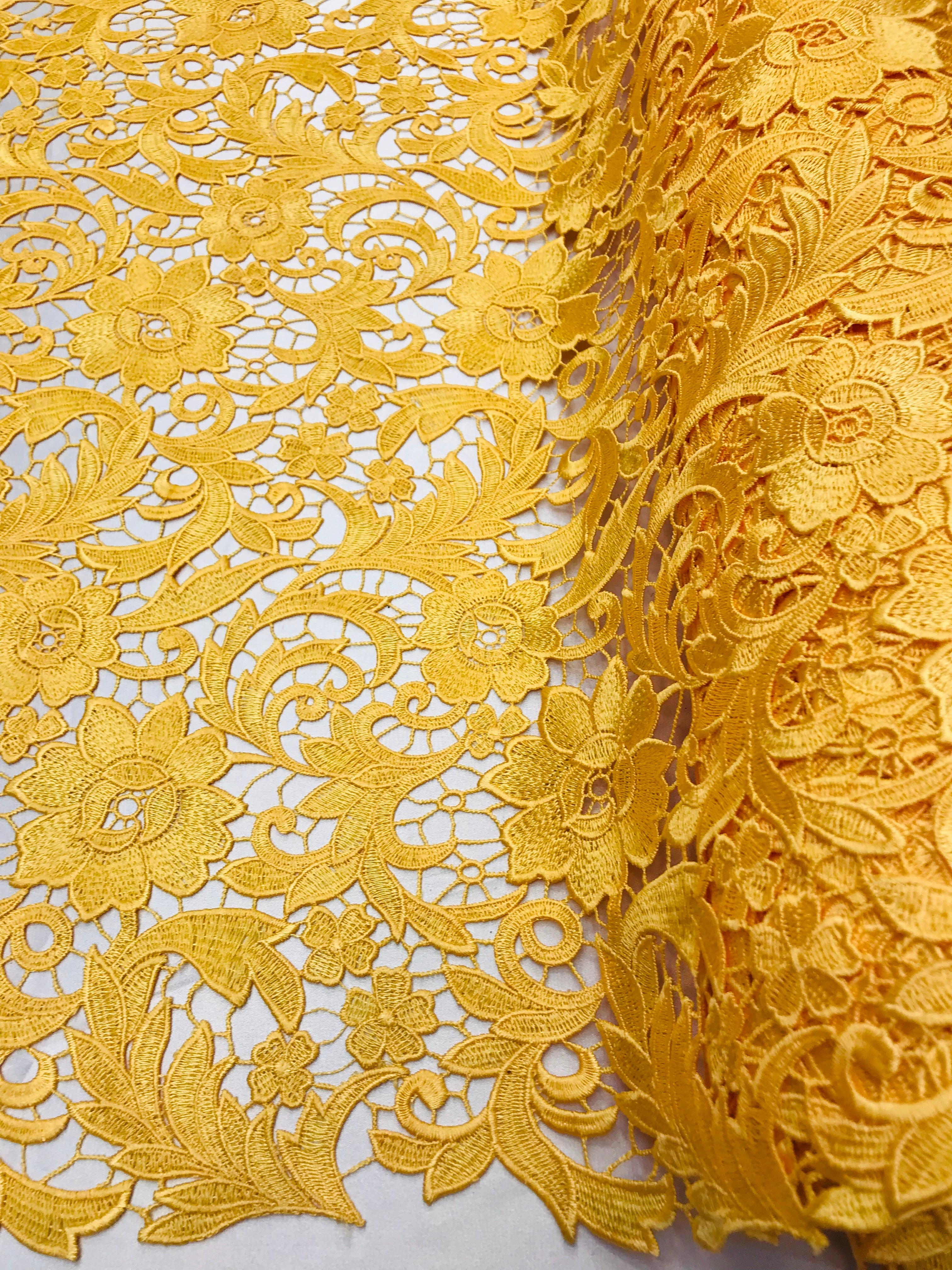 Guipure Lace Fabric - Yellow  - Embroidered Bridal Wedding Dress Design Sold By The Yard
