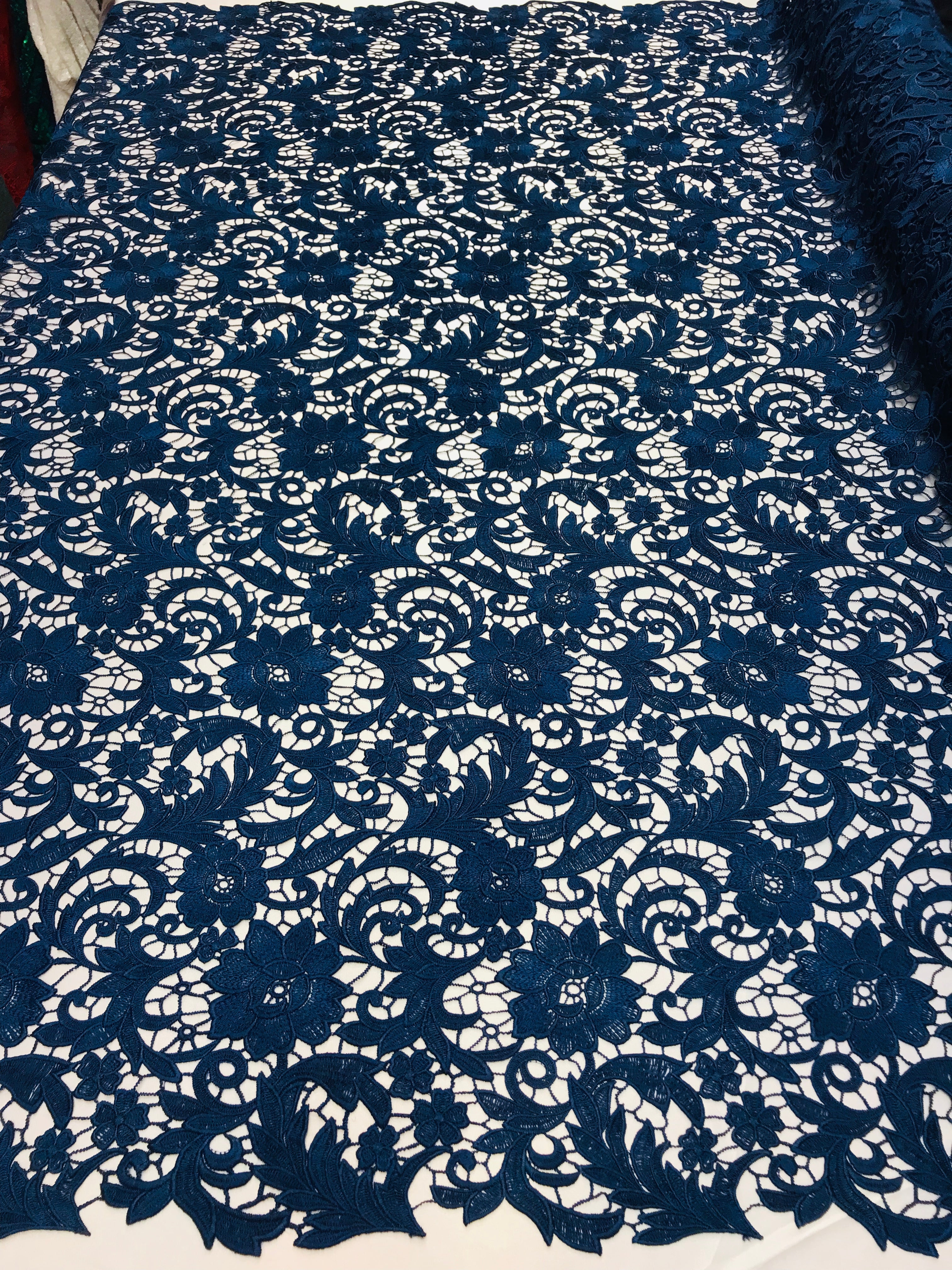 Guipure Lace Fabric - Navy Blue - Embroidered Bridal Wedding Dress Design Sold By The Yard