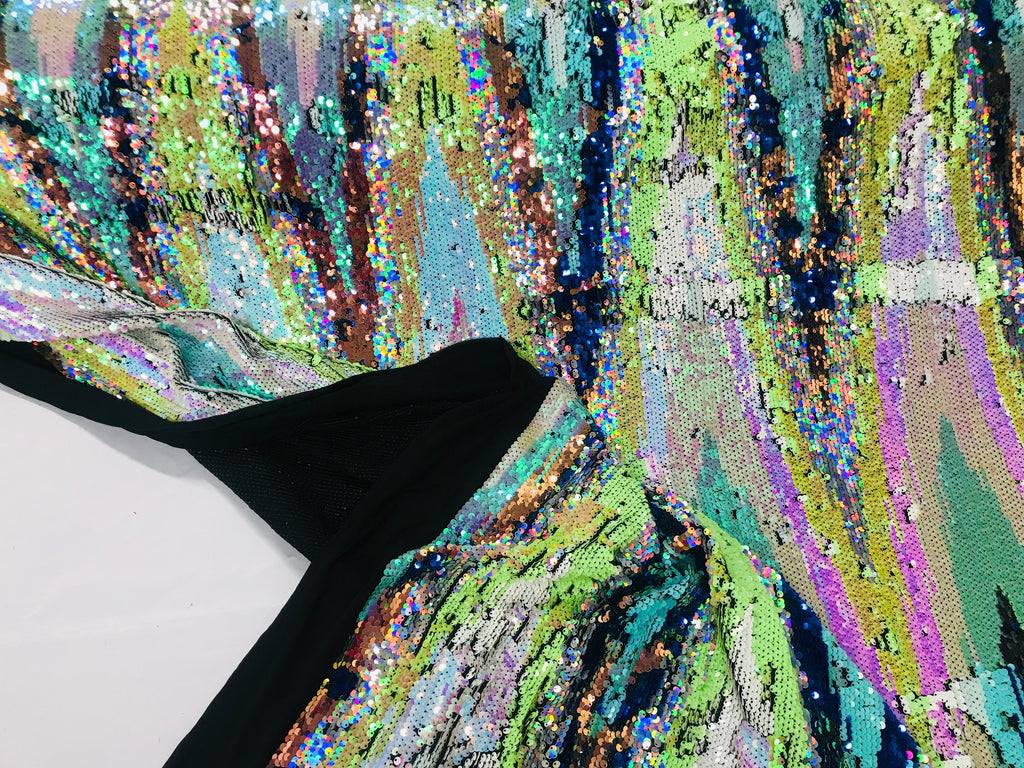 Mermaid Flip Up Reversible MultiColor Shiny  Zig Zag Pattern Sequins Fabric Spandex By The Yard