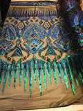 Two Tone 4 Way Stretch - Jade Green / Blue - Tribal Pattern Design Sequins Mesh Fabric Sold By Yard