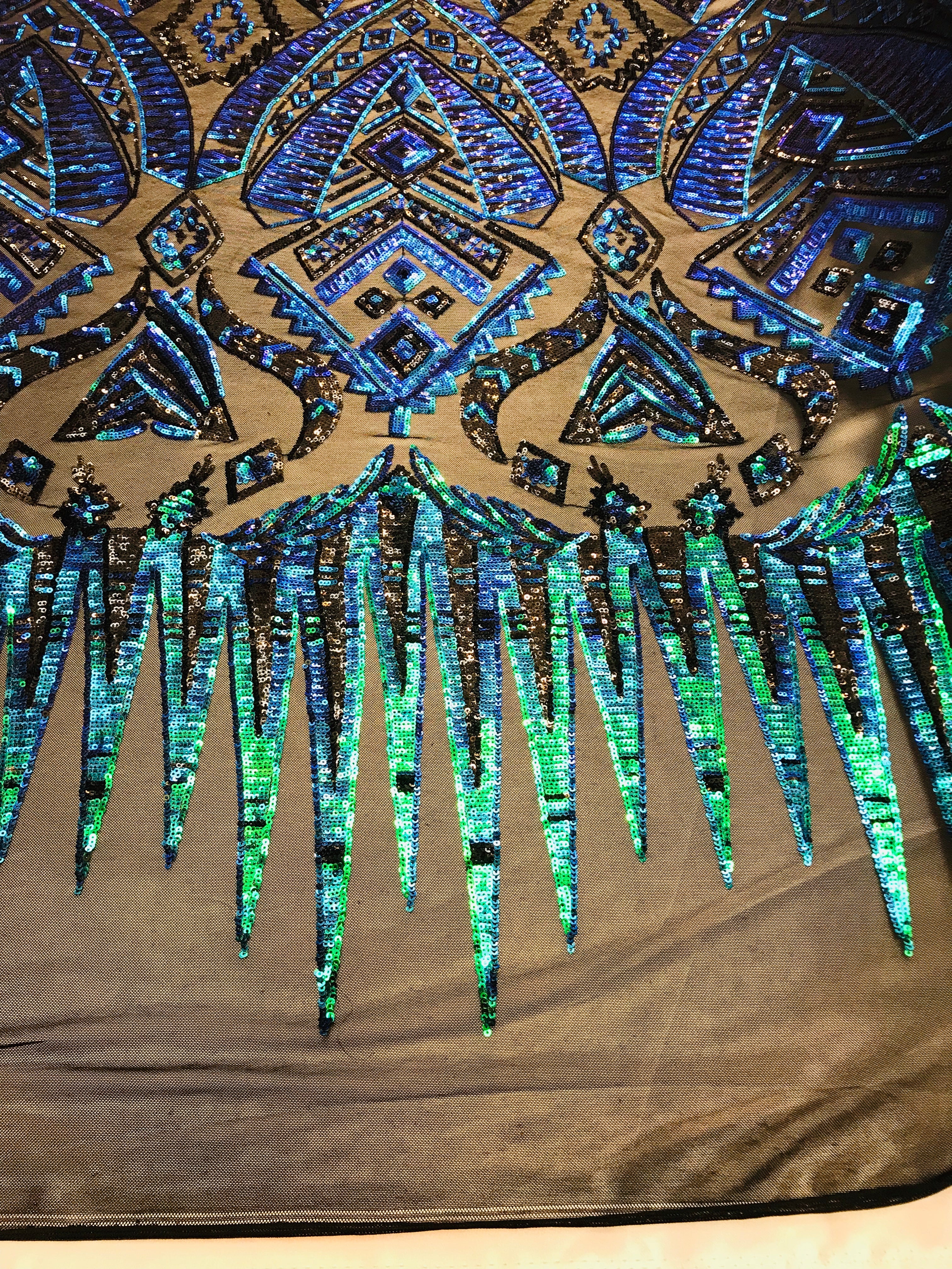 Two Tone 4 Way Stretch - Jade Green / Blue - Tribal Pattern Design Sequins Mesh Fabric Sold By Yard