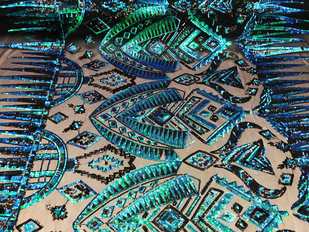 Two Tone 4 Way Stretch - Jade Green / Blue - Tribal Pattern Design Sequins Mesh Fabric Sold By Yard