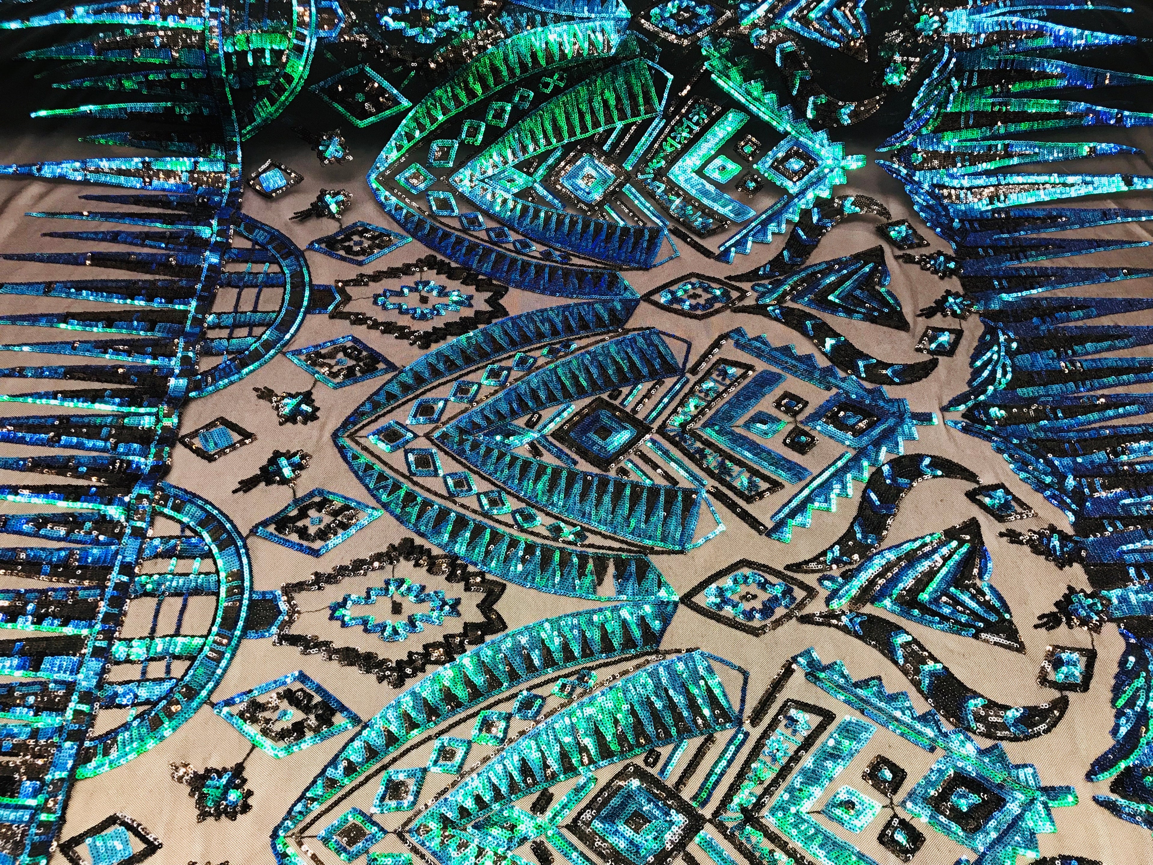Two Tone 4 Way Stretch - Jade Green / Blue - Tribal Pattern Design Sequins Mesh Fabric Sold By Yard