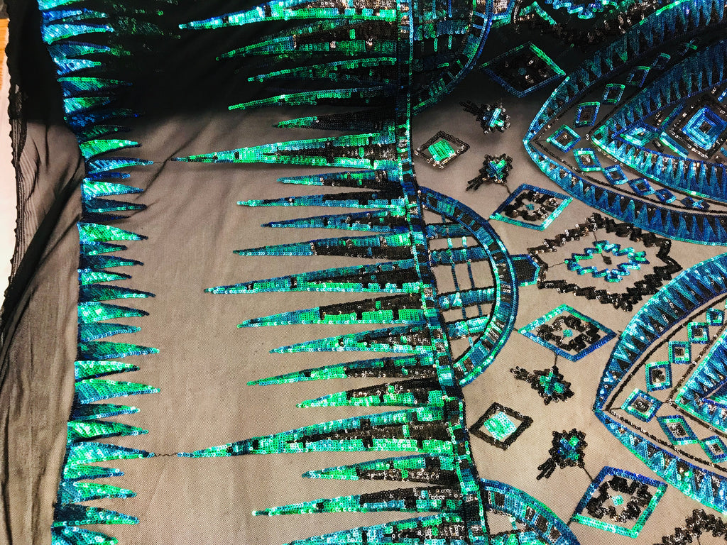 Two Tone 4 Way Stretch - Jade Green / Blue - Tribal Pattern Design Sequins Mesh Fabric Sold By Yard
