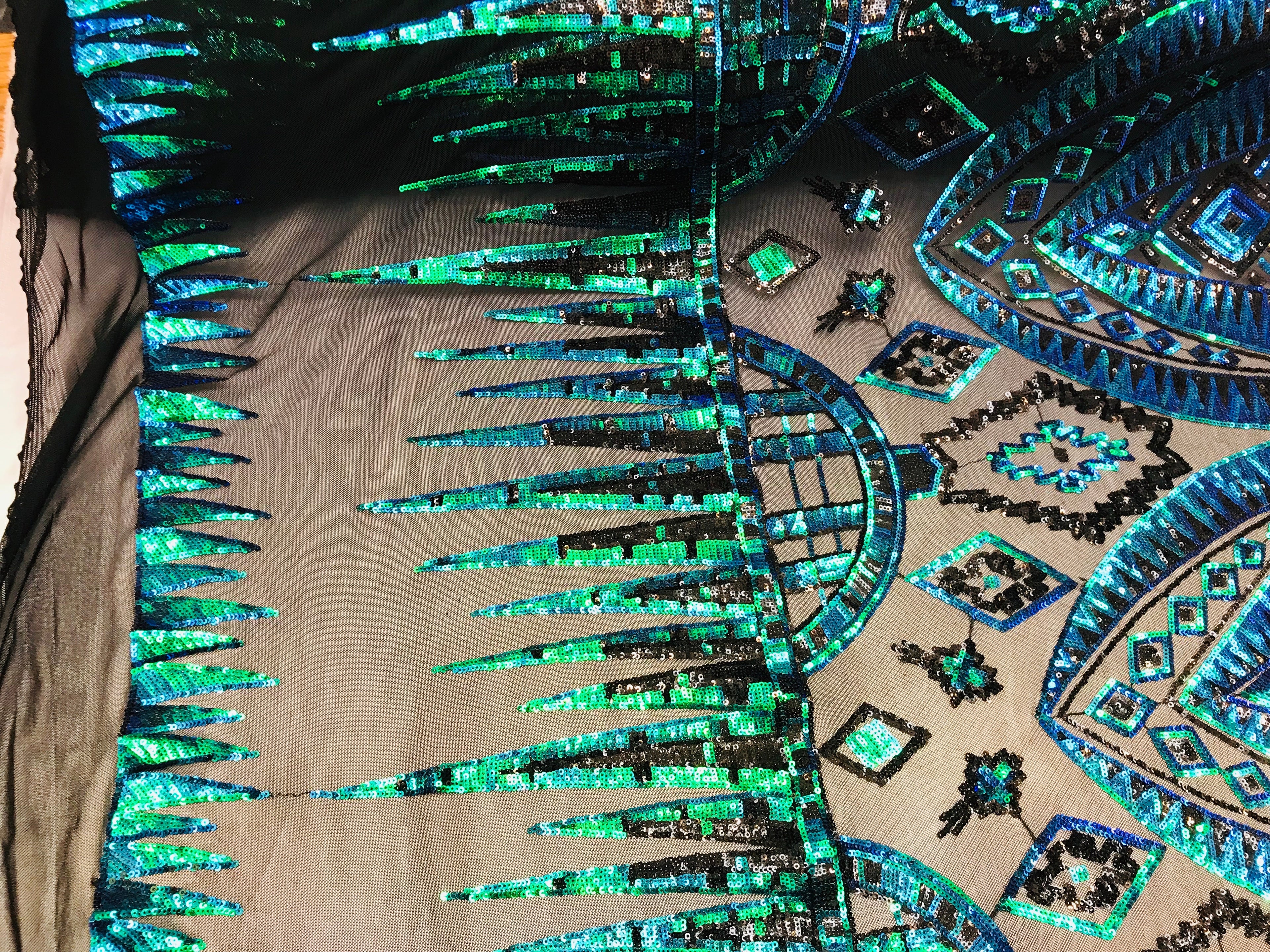 Two Tone 4 Way Stretch - Jade Green / Blue - Tribal Pattern Design Sequins Mesh Fabric Sold By Yard