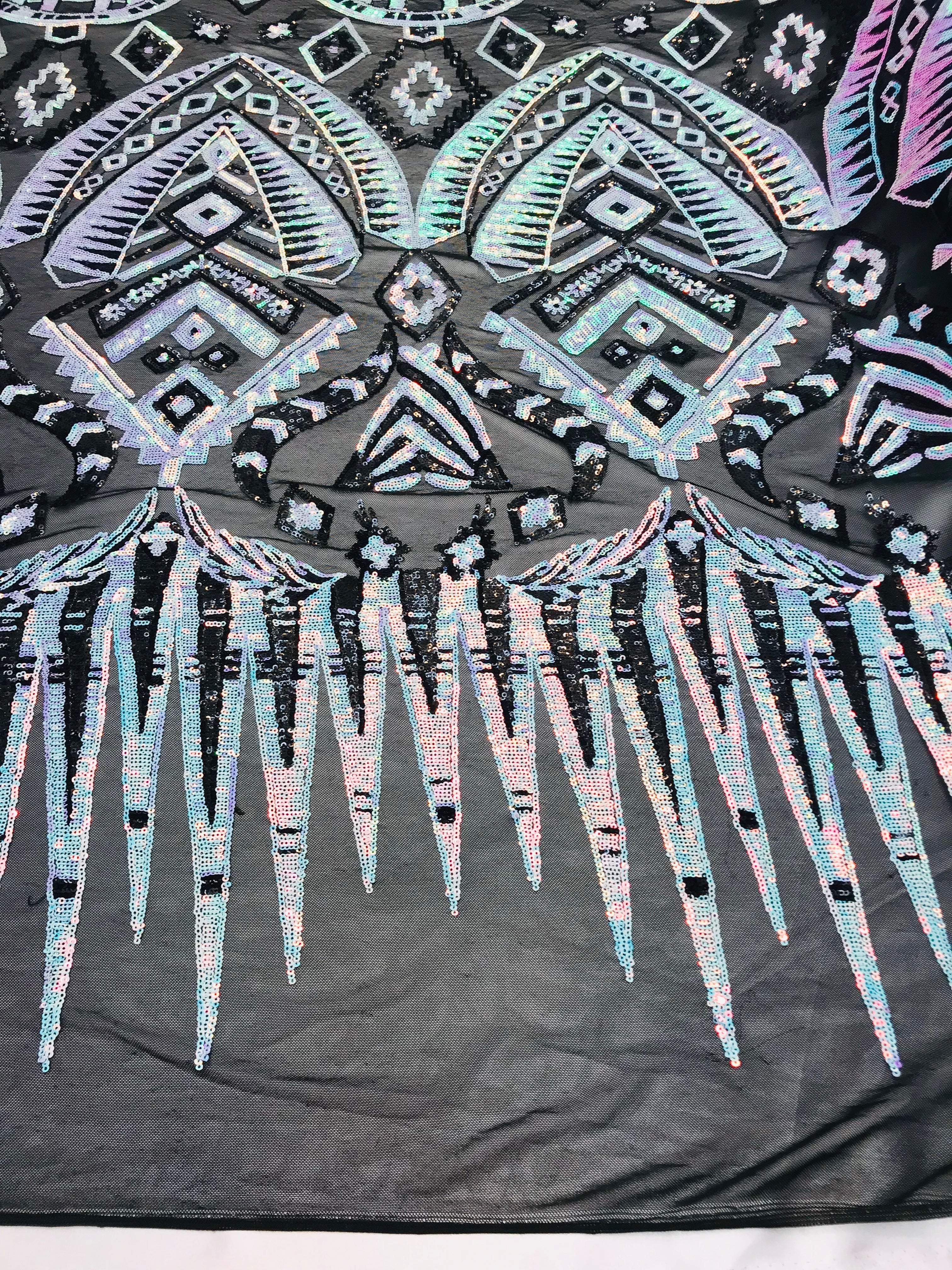 Two Tone 4 Way Stretch - Aqua / Black - Tribal Pattern Design Sequins Mesh Fabric Sold By Yard