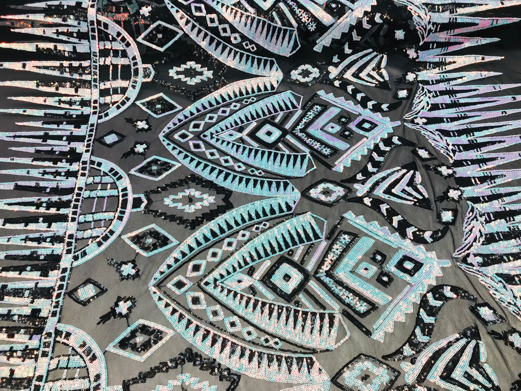 Two Tone 4 Way Stretch - Aqua / Black - Tribal Pattern Design Sequins Mesh Fabric Sold By Yard