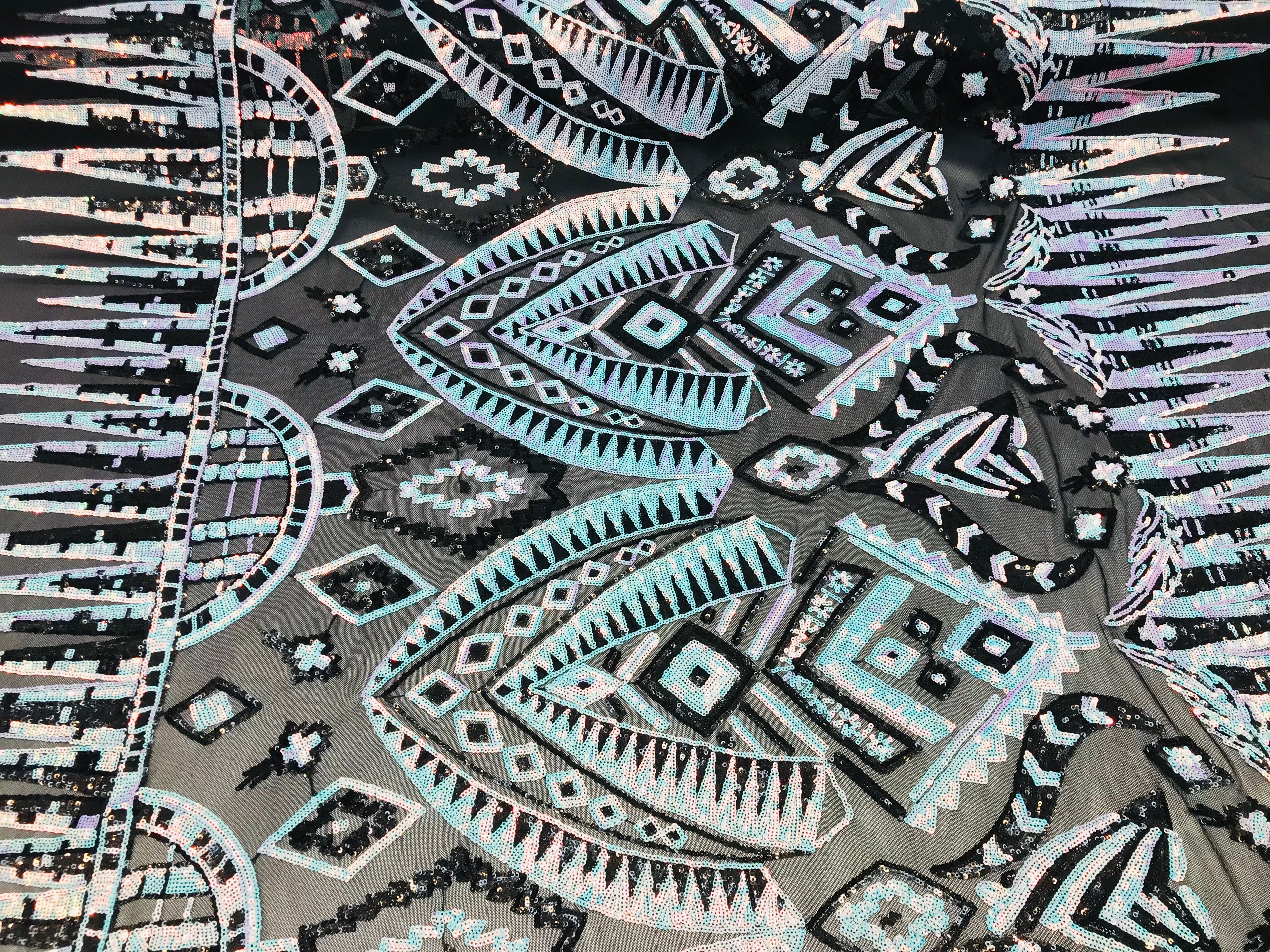 Two Tone 4 Way Stretch - Aqua / Black - Tribal Pattern Design Sequins Mesh Fabric Sold By Yard