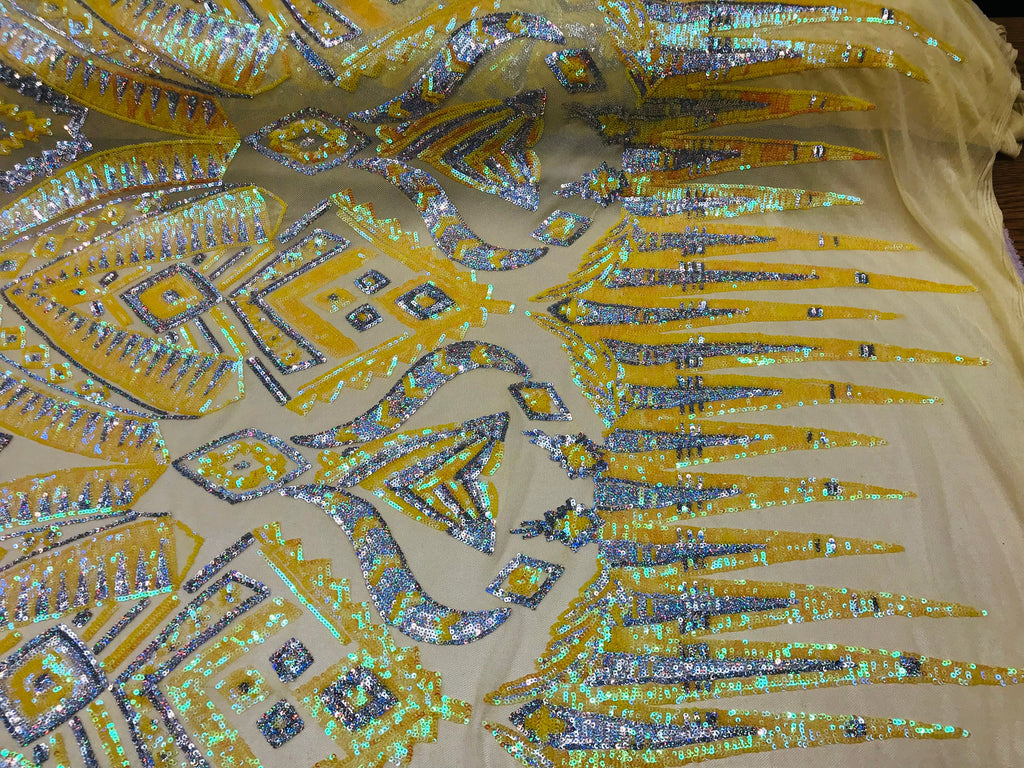 Two Tone 4 Way Stretch - Yellow / Silver - Tribal Pattern Design Sequins Mesh Fabric Sold By Yard