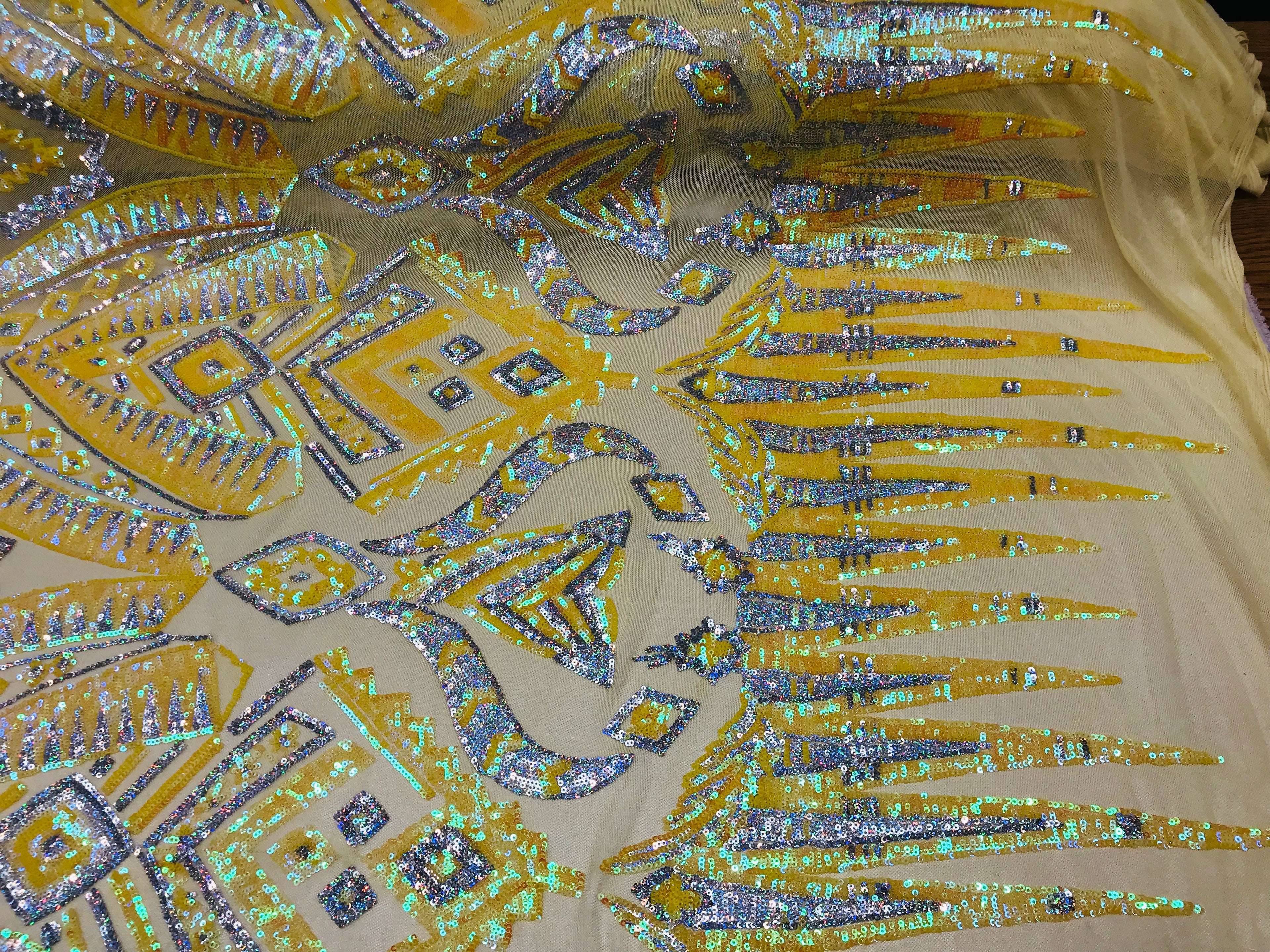 Two Tone 4 Way Stretch - Yellow / Silver - Tribal Pattern Design Sequins Mesh Fabric Sold By Yard