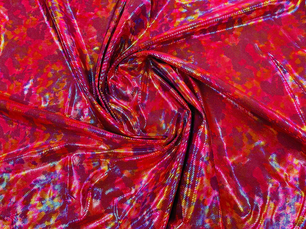 Polka Dot Foil Fabric - Rainbow on Red - Iridescent Polka Dot Design on Spandex Fabric