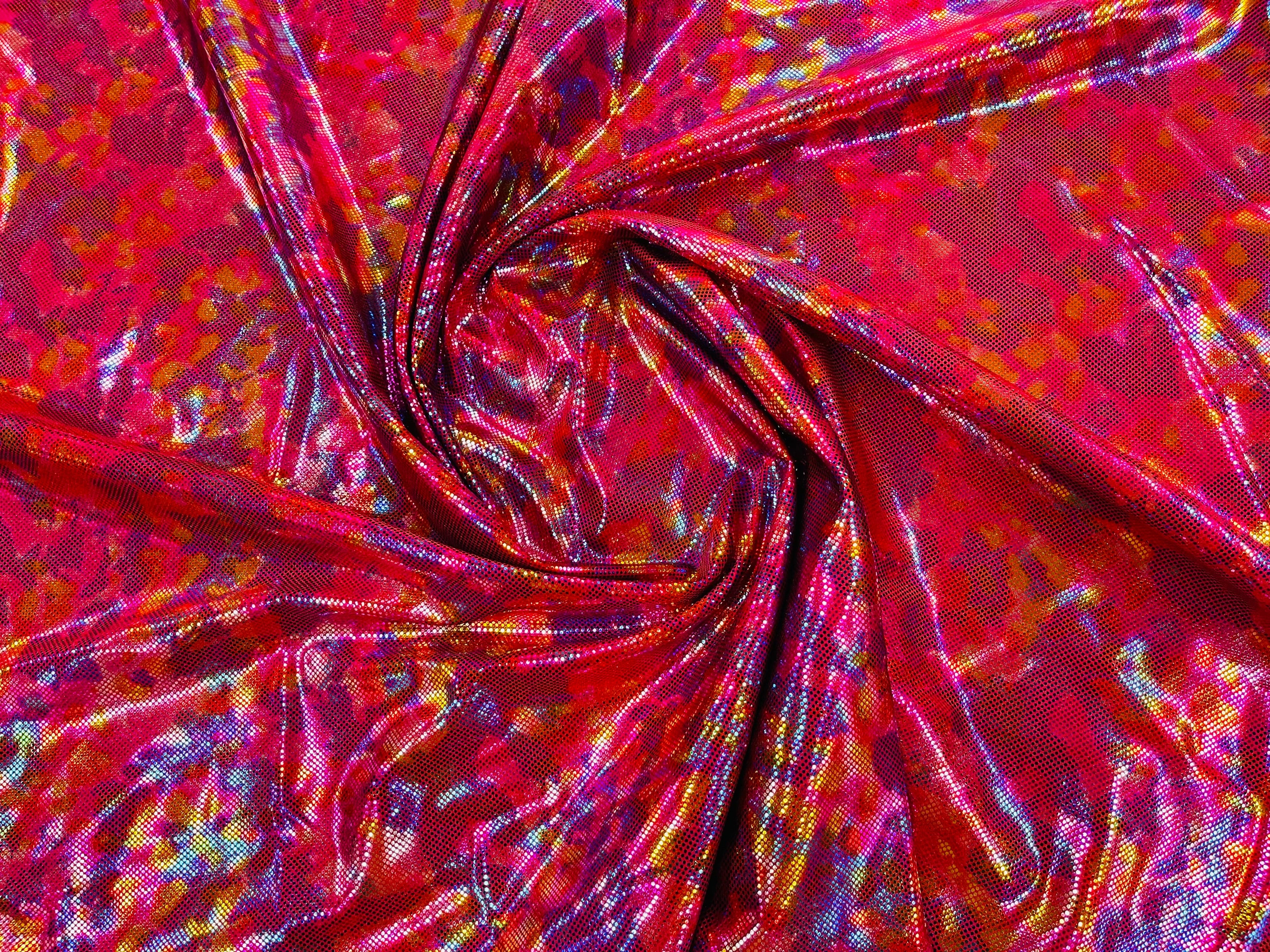 Polka Dot Foil Fabric - Rainbow on Red - Iridescent Polka Dot Design on Spandex Fabric