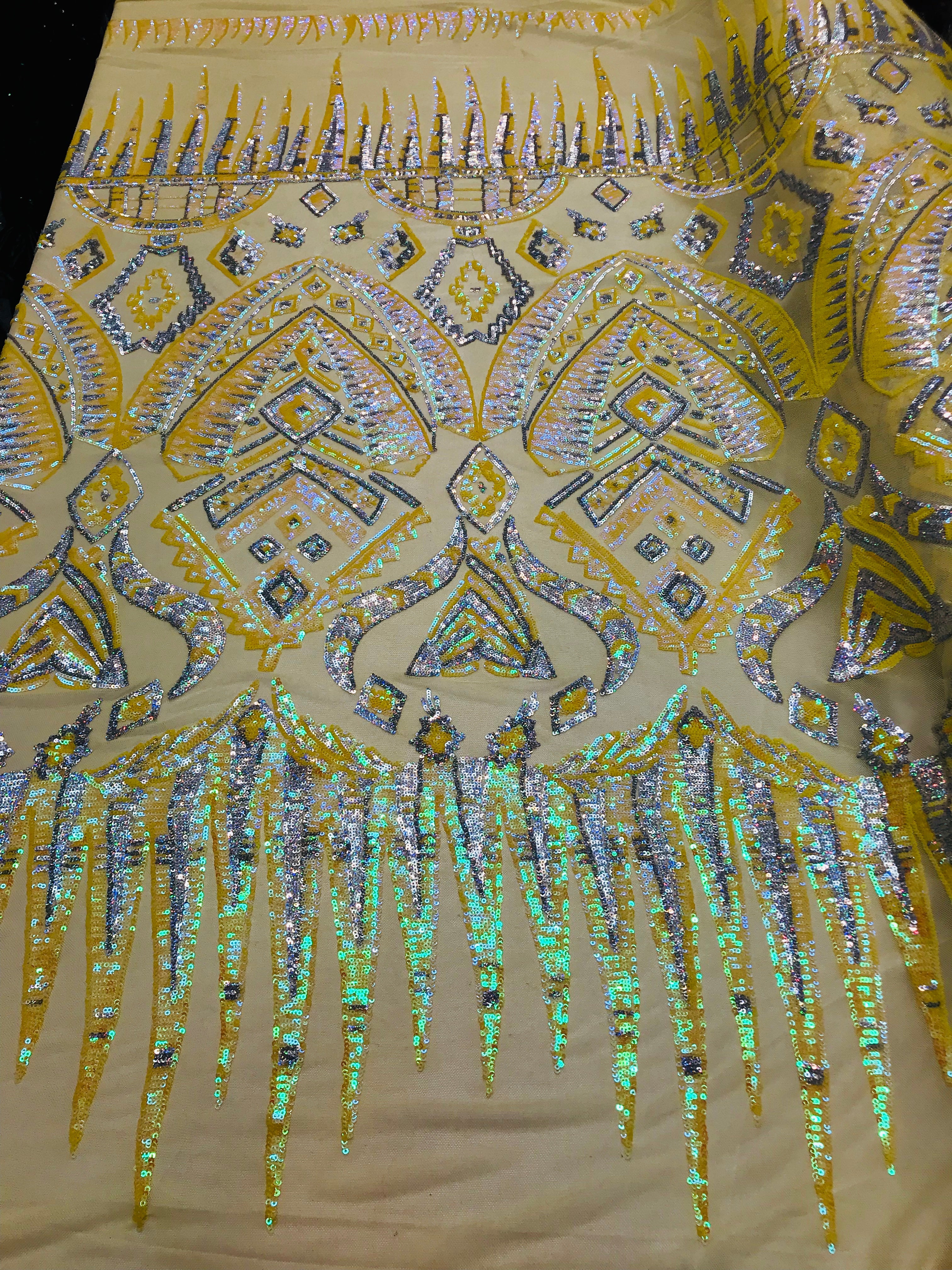 Two Tone 4 Way Stretch - Yellow / Silver - Tribal Pattern Design Sequins Mesh Fabric Sold By Yard