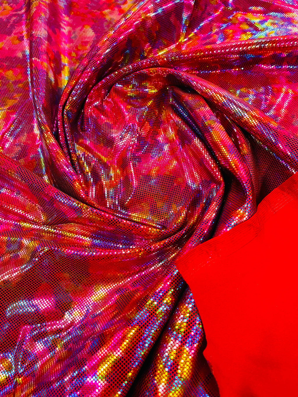 Polka Dot Foil Fabric - Rainbow on Red - Iridescent Polka Dot Design on Spandex Fabric