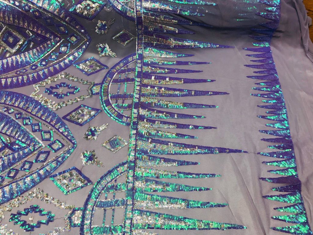 Two Tone 4 Way Stretch - Lilac / Aqua - Tribal Pattern Design Sequins Mesh Fabric Sold By Yard