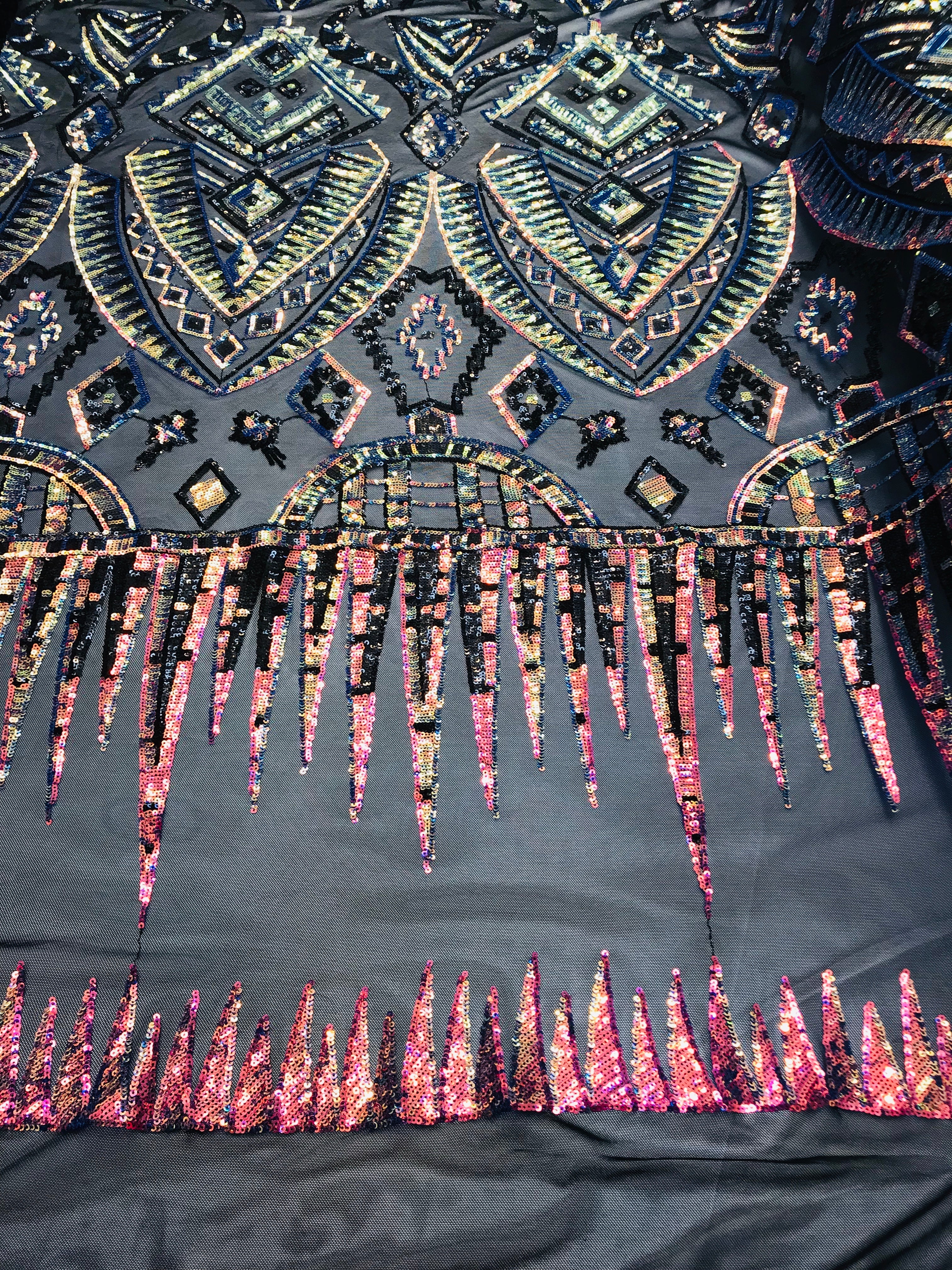 Two Tone 4 Way Stretch - Iridescent Rainbow Tribal Pattern Design Sequins Mesh Fabric Sold By Yard