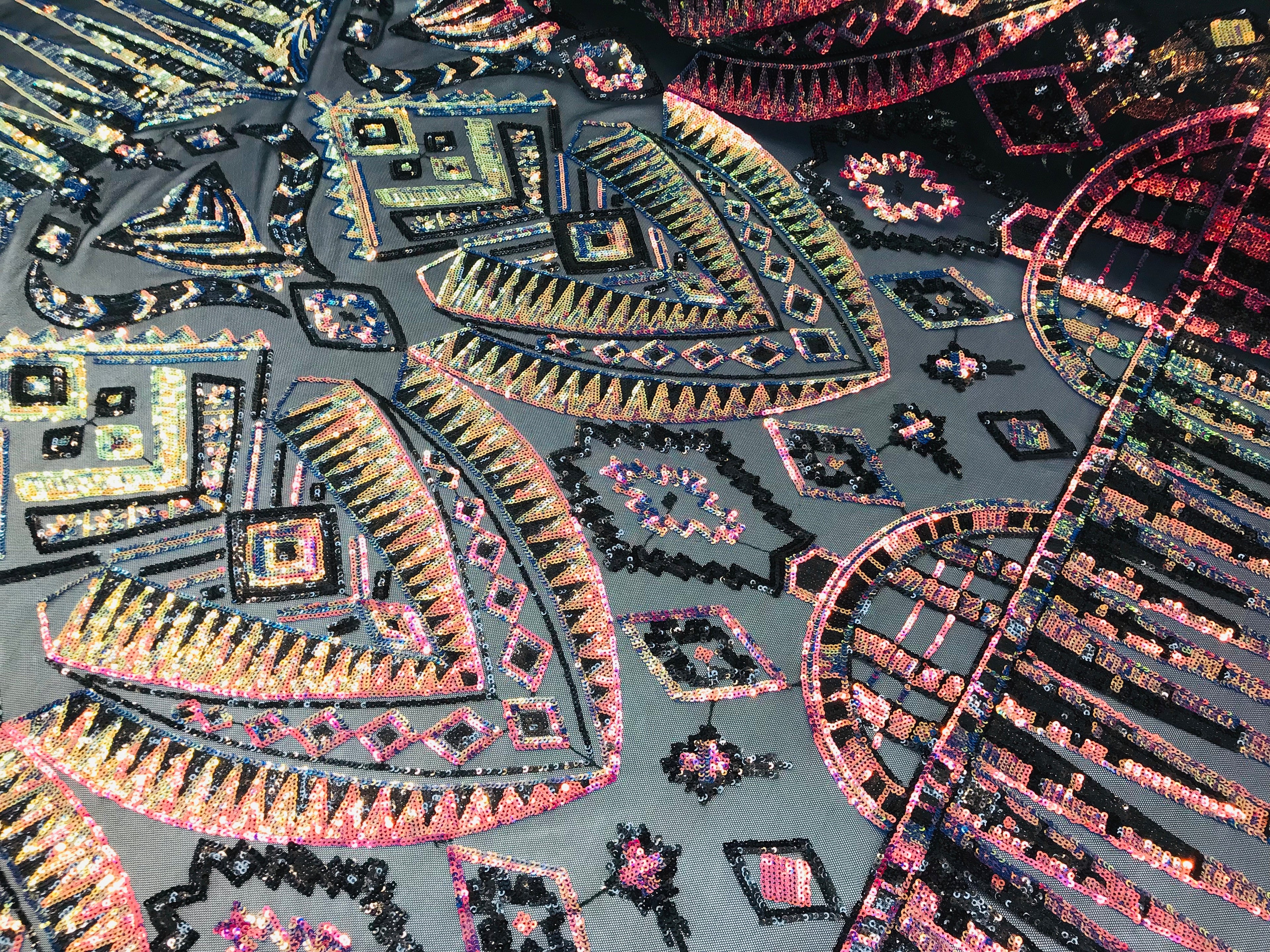 Two Tone 4 Way Stretch - Iridescent Rainbow Tribal Pattern Design Sequins Mesh Fabric Sold By Yard