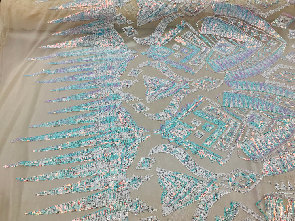 Two Tone 4 Way Stretch - Iridescent White - Tribal Pattern Design Sequins Mesh Fabric Sold By Yard