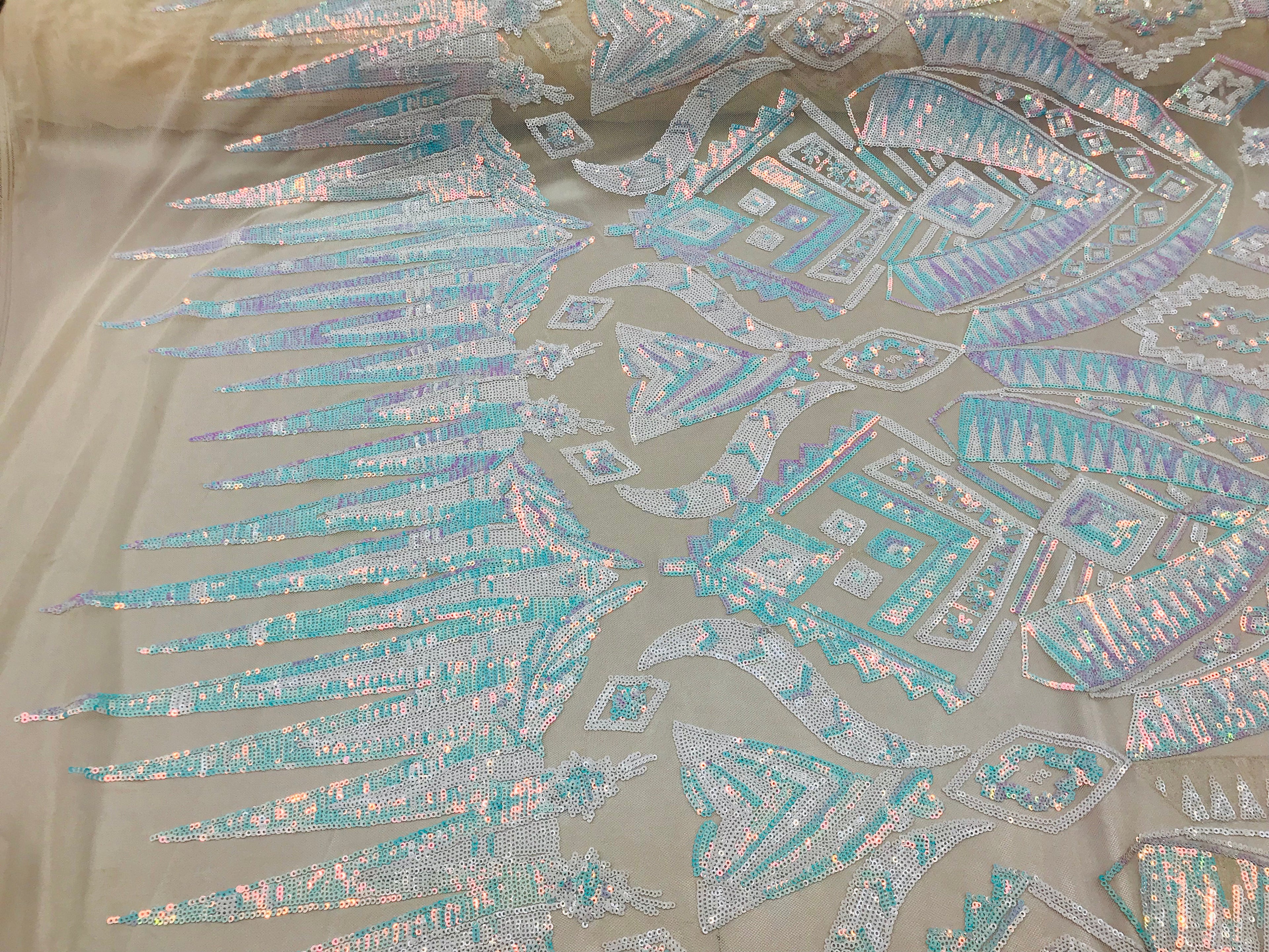 Two Tone 4 Way Stretch - Iridescent White - Tribal Pattern Design Sequins Mesh Fabric Sold By Yard