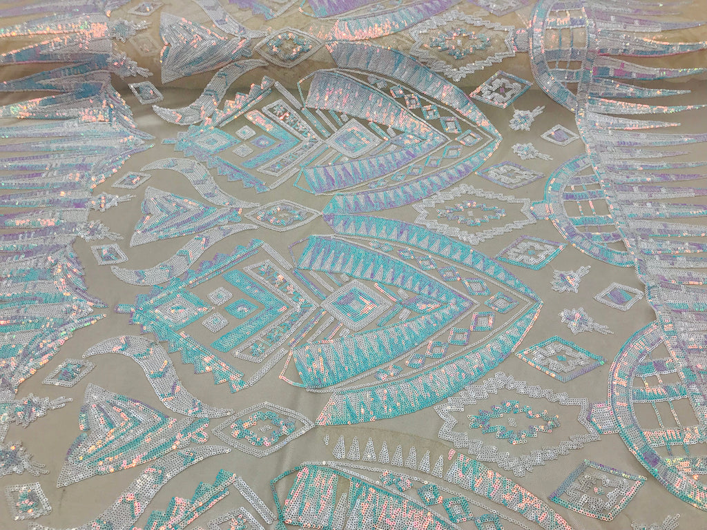 Two Tone 4 Way Stretch - Iridescent White - Tribal Pattern Design Sequins Mesh Fabric Sold By Yard
