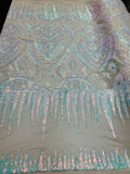 Two Tone 4 Way Stretch - Iridescent White - Tribal Pattern Design Sequins Mesh Fabric Sold By Yard