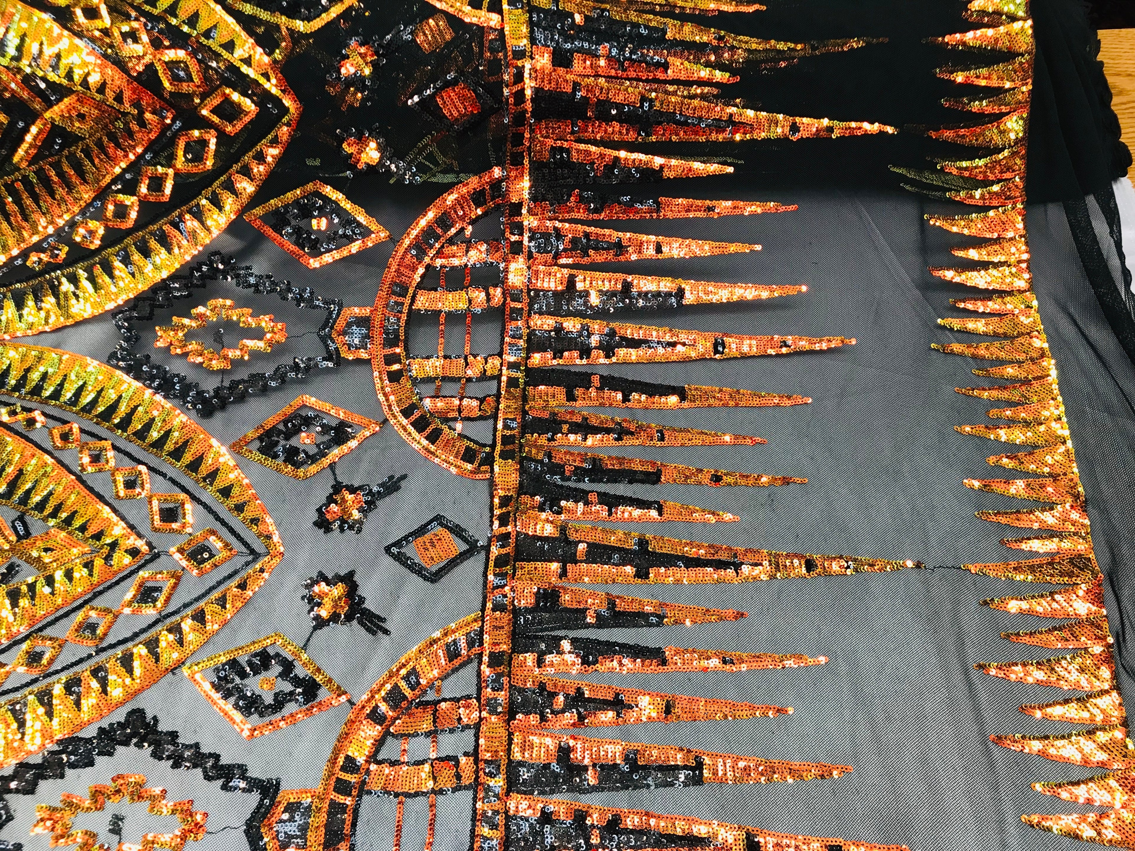 Two Tone 4 Way Stretch - Orange / Yellow - Tribal Pattern Design Sequins Mesh Fabric Sold By Yard
