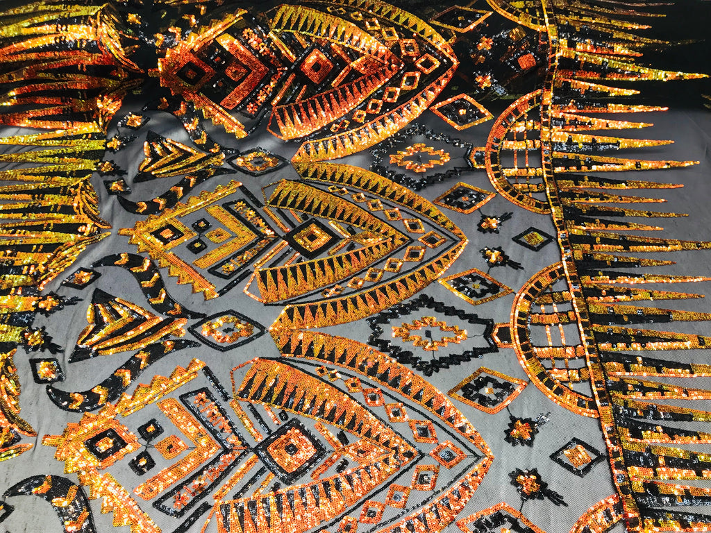 Two Tone 4 Way Stretch - Orange / Yellow - Tribal Pattern Design Sequins Mesh Fabric Sold By Yard