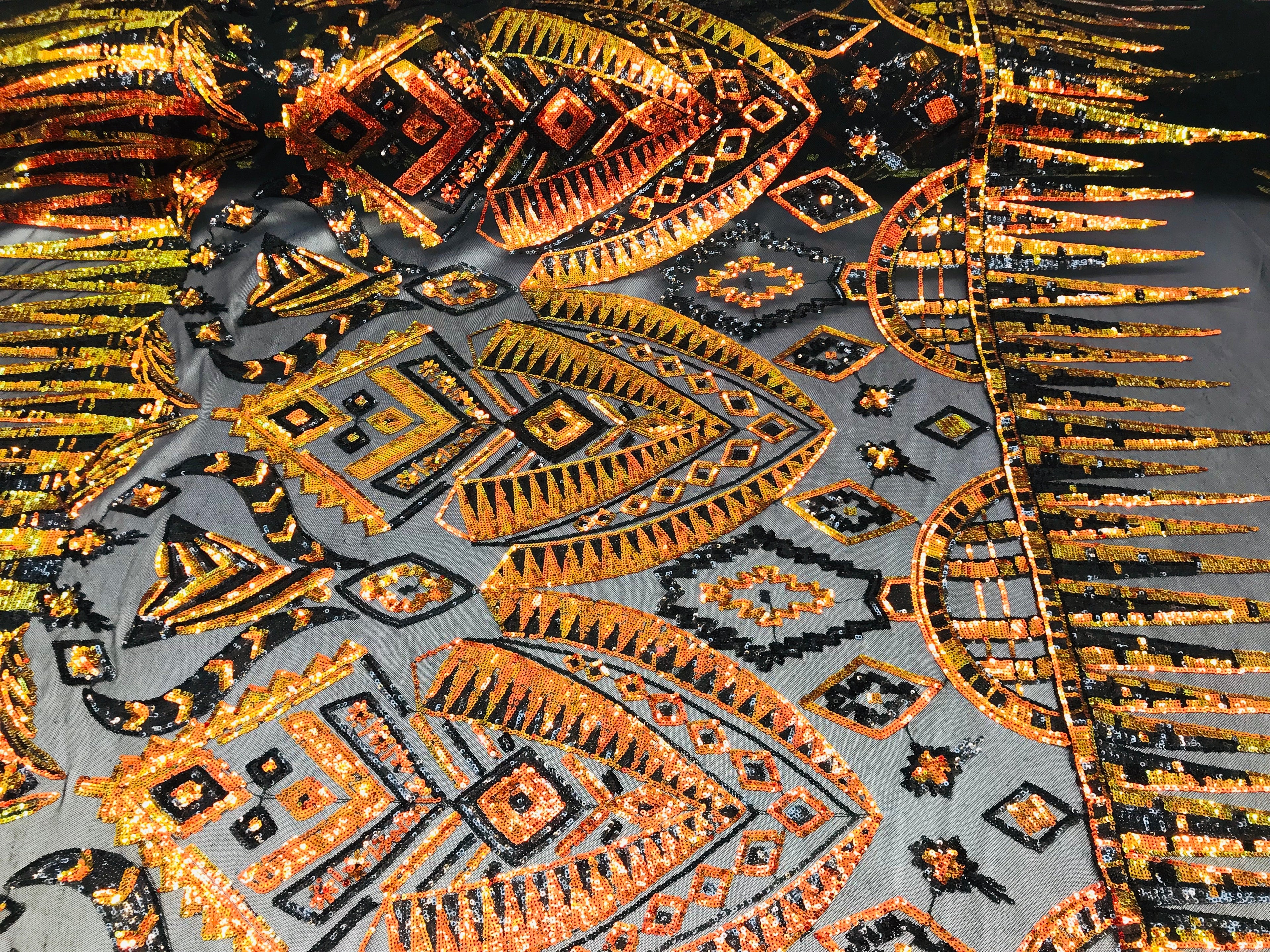 Two Tone 4 Way Stretch - Orange / Yellow - Tribal Pattern Design Sequins Mesh Fabric Sold By Yard