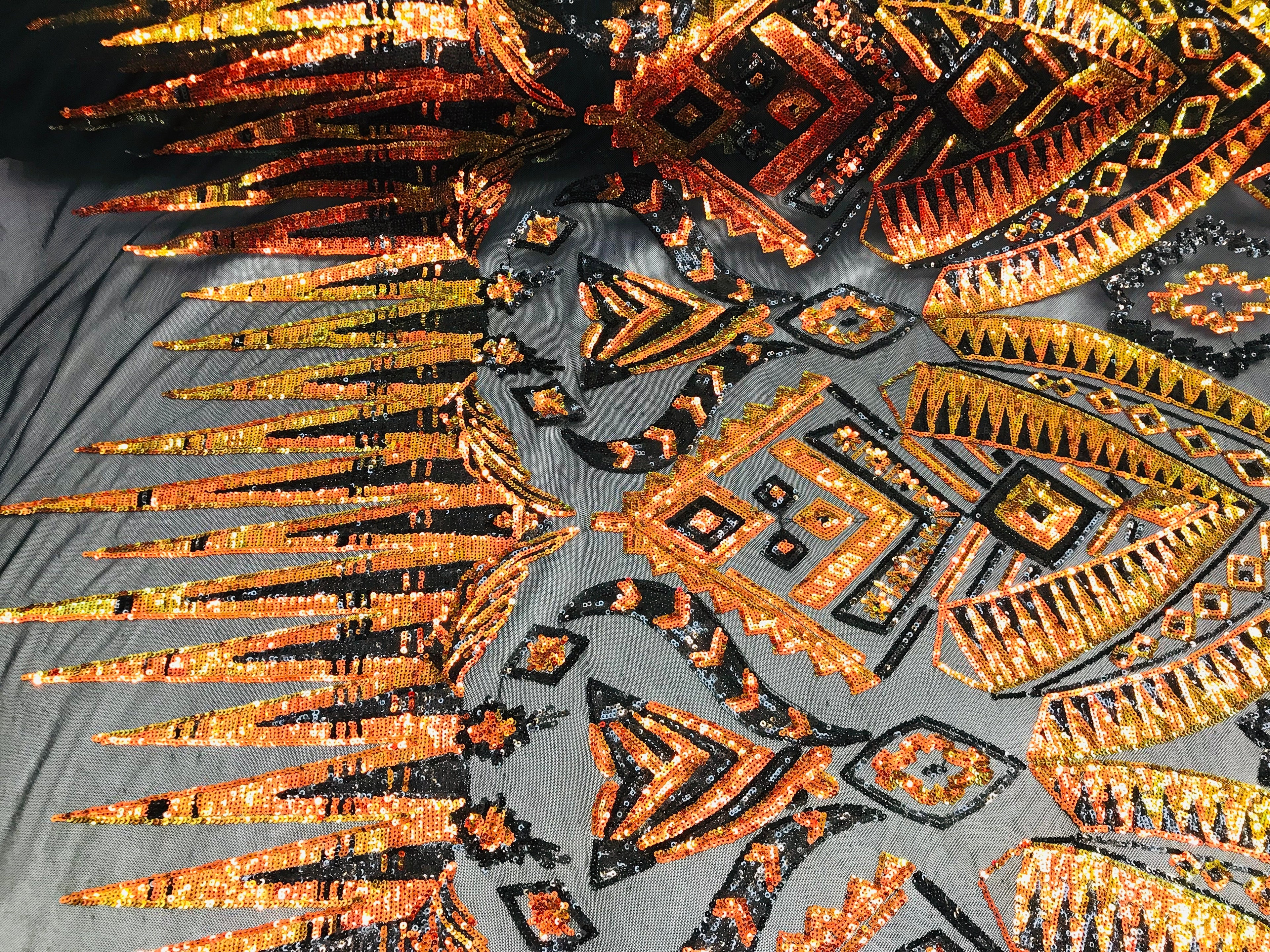 Two Tone 4 Way Stretch - Orange / Yellow - Tribal Pattern Design Sequins Mesh Fabric Sold By Yard