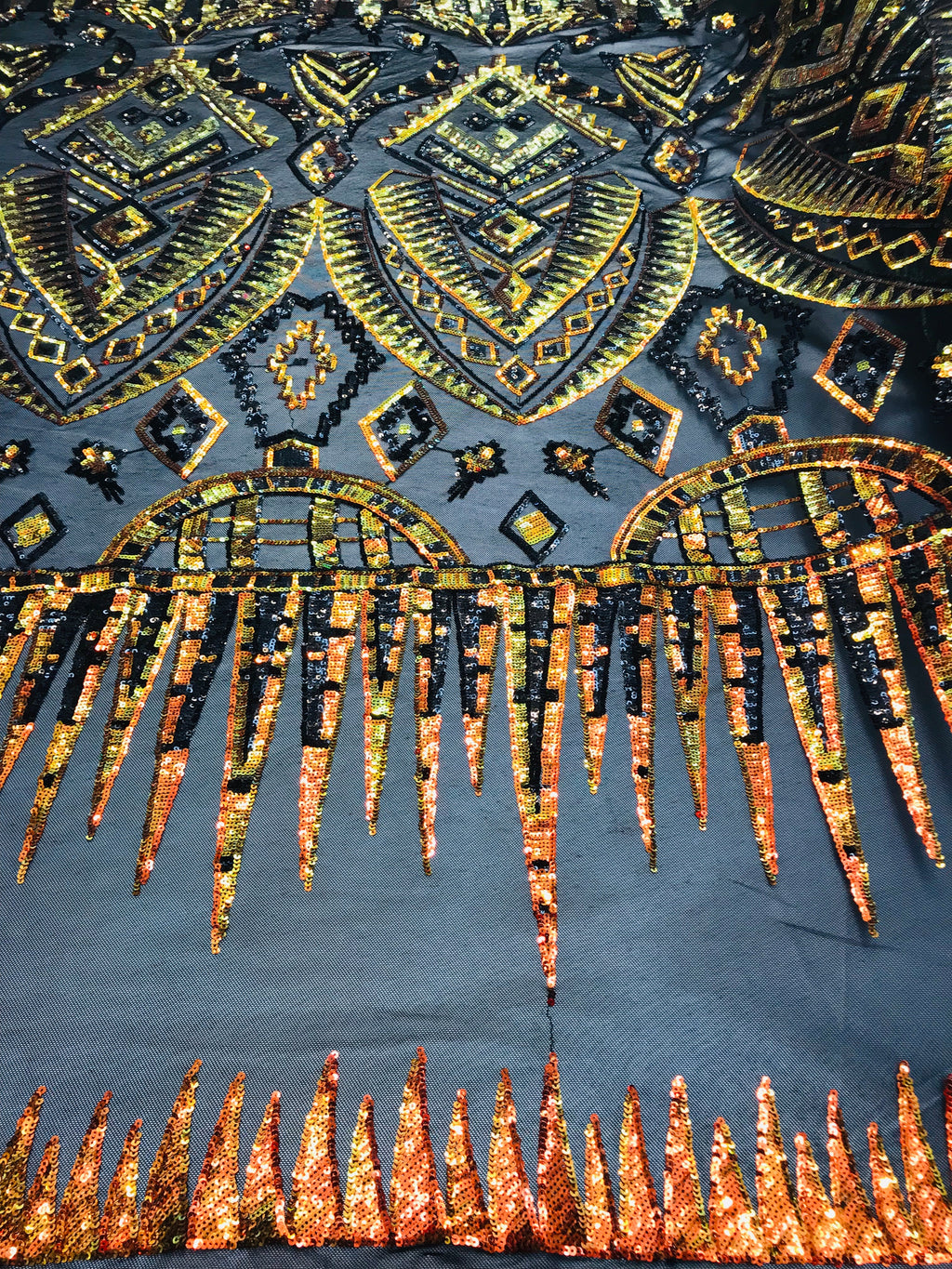 Two Tone 4 Way Stretch - Orange / Yellow - Tribal Pattern Design Sequins Mesh Fabric Sold By Yard