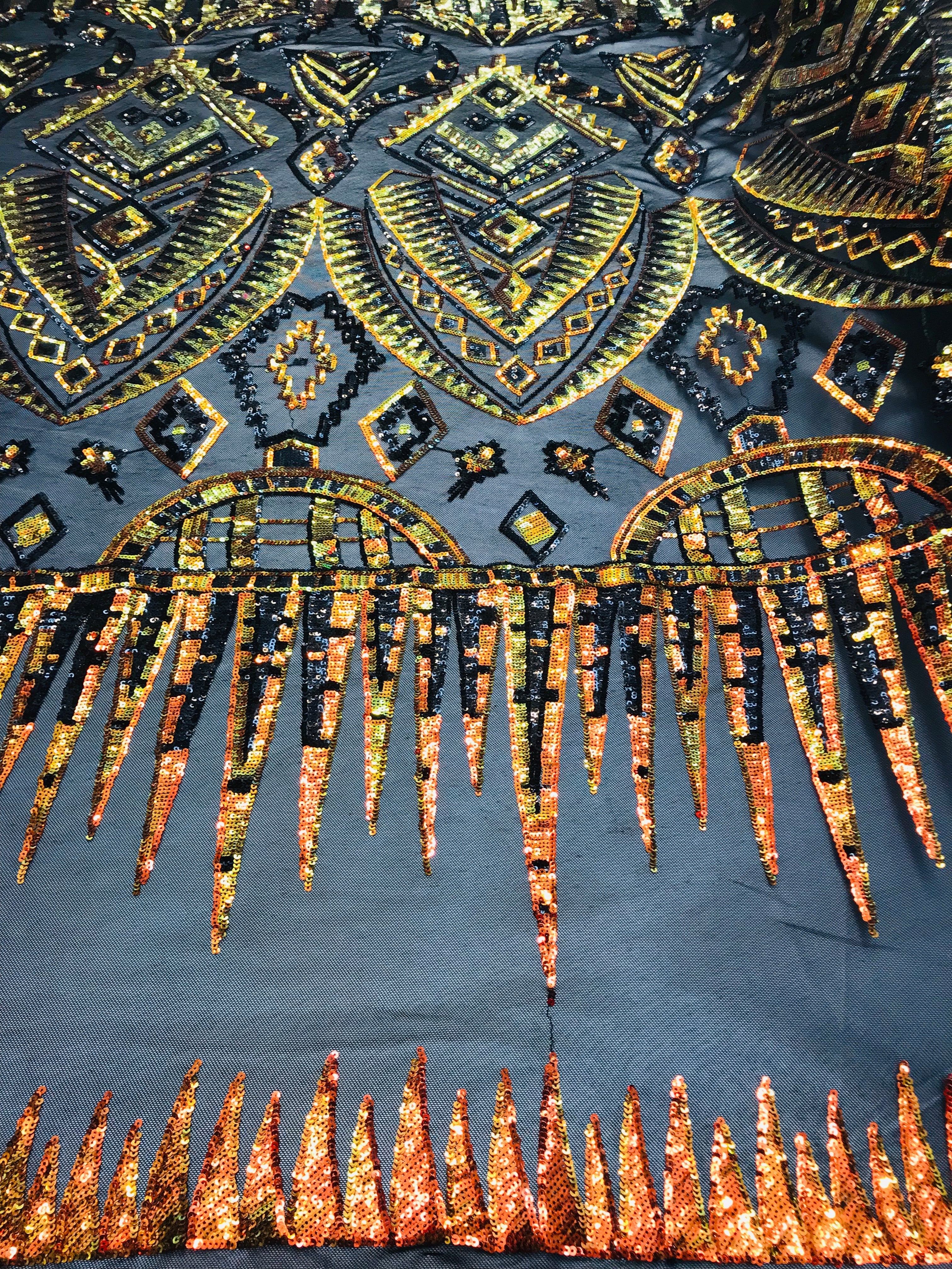 Two Tone 4 Way Stretch - Orange / Yellow - Tribal Pattern Design Sequins Mesh Fabric Sold By Yard
