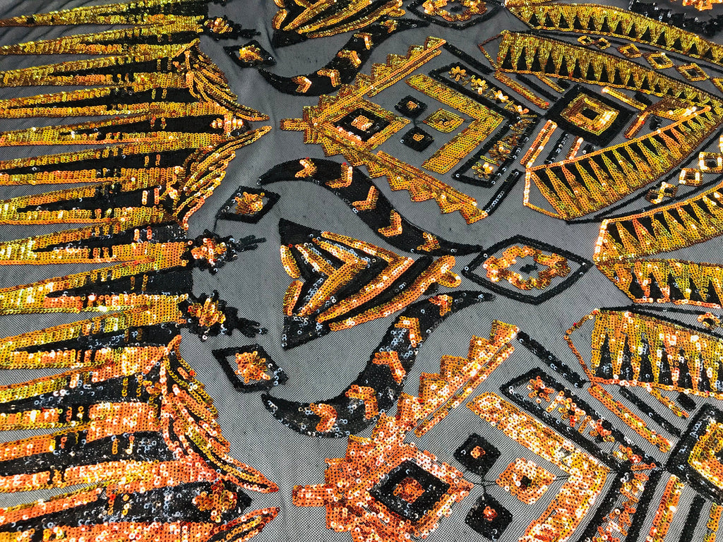 Two Tone 4 Way Stretch - Orange / Yellow - Tribal Pattern Design Sequins Mesh Fabric Sold By Yard