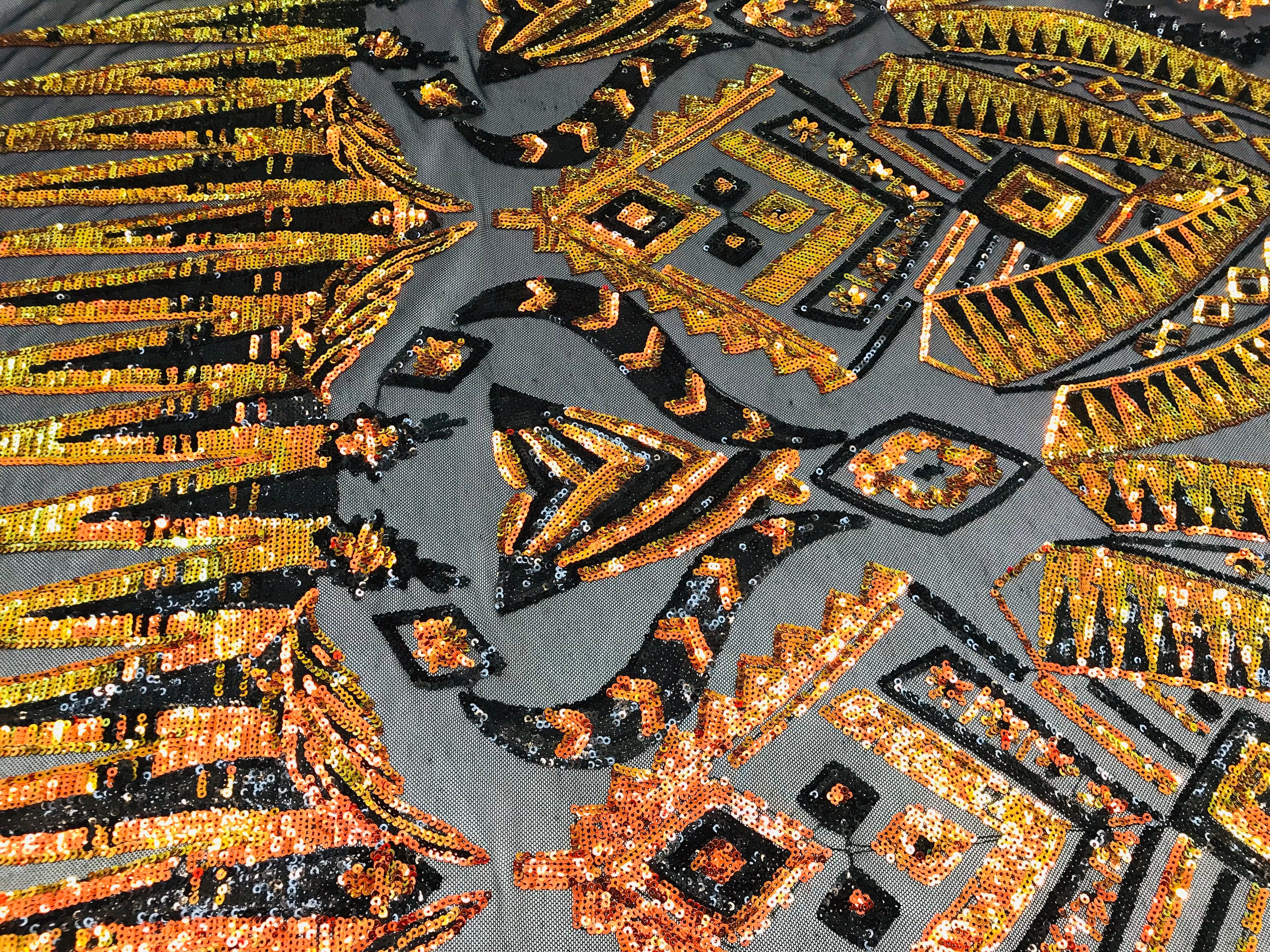 Two Tone 4 Way Stretch - Orange / Yellow - Tribal Pattern Design Sequins Mesh Fabric Sold By Yard