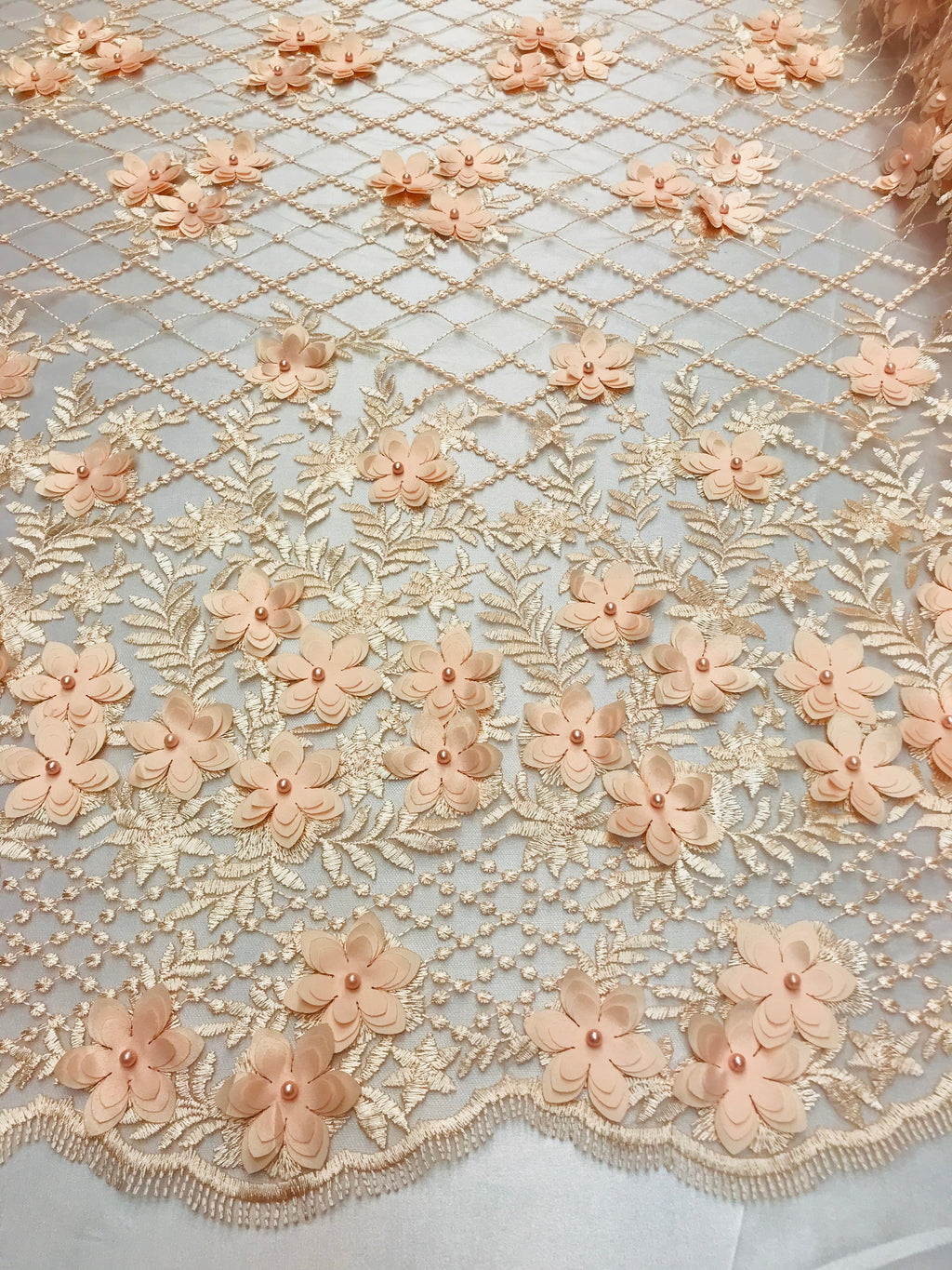 3D Floral Design - Peach - Embroidered 3D Flowers on Triangle Net Mesh Sold By The Yard