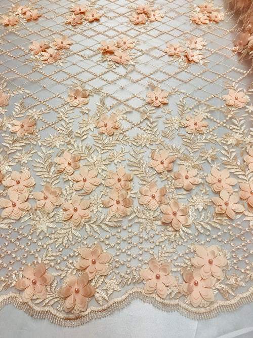 3D Floral Design - Peach - Embroidered 3D Flowers on Triangle Net Mesh Sold By The Yard