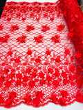 3D Floral Design - Red - Embroidered 3D Flowers on Triangle Net Mesh Sold By The Yard